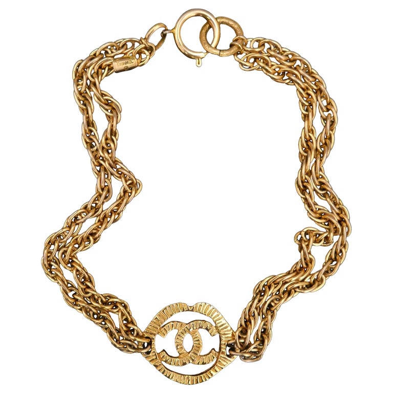1970s Chanel Gold Toned Double Chain CC Charm Necklace