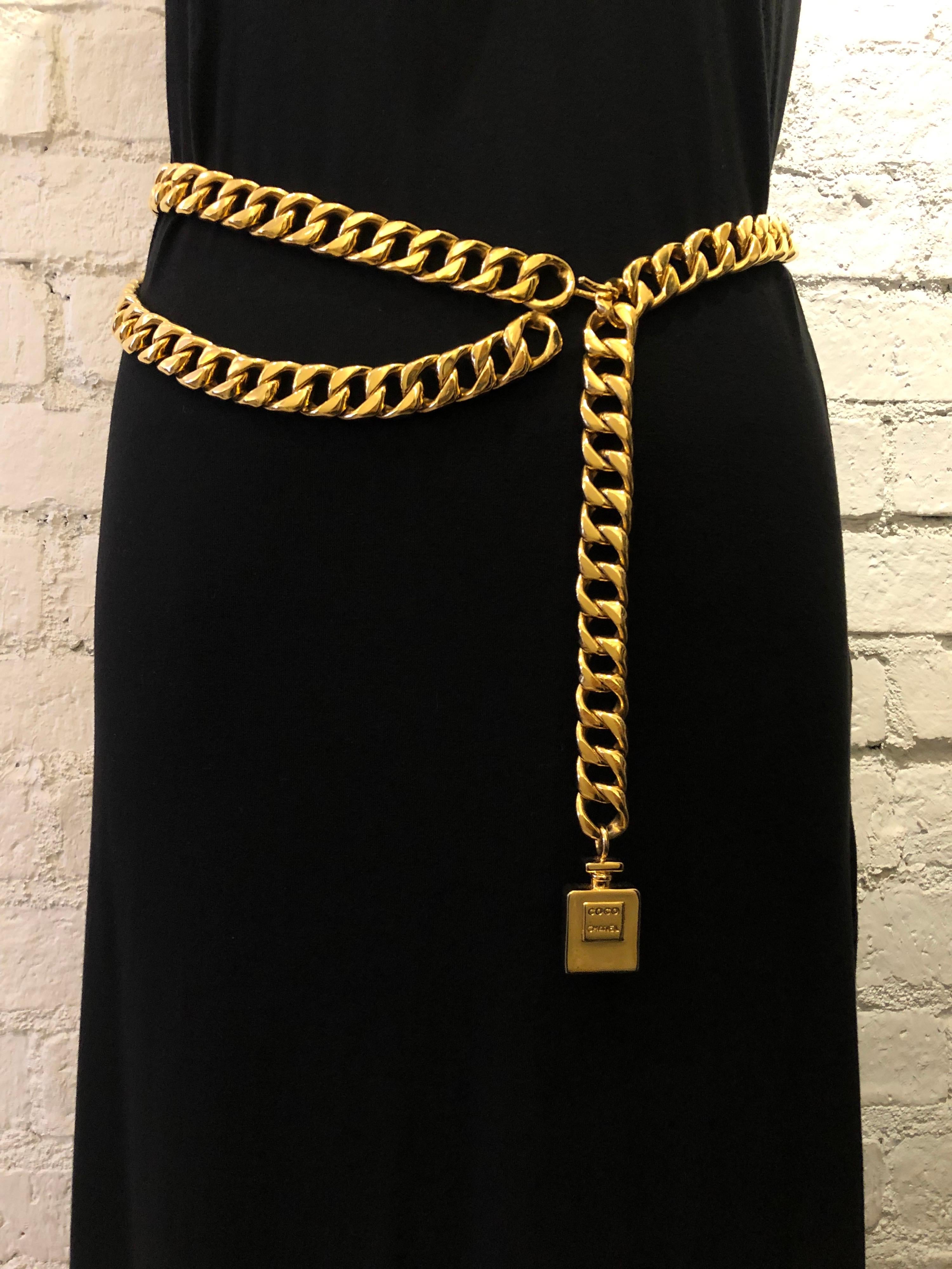 Women's or Men's 1980s Vintage CHANEL Gold Toned Perfume Chain Belt For Sale