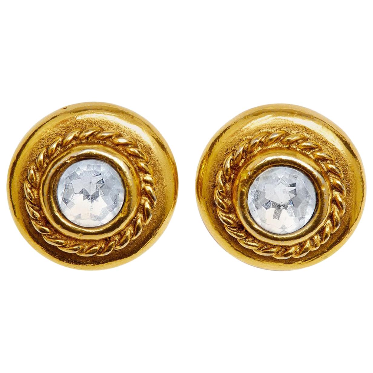1970s Chanel Goldtone Earrings with Large Rhinestone For Sale