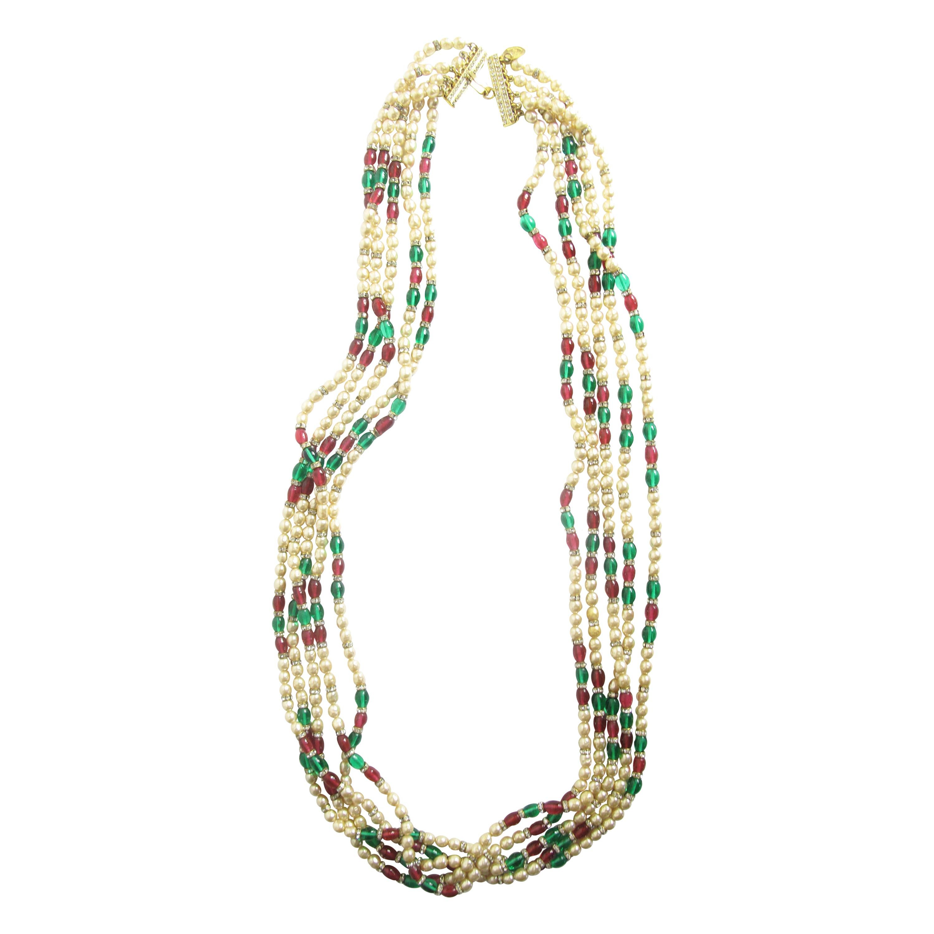 1970s Chanel Multi-strand Gripoix, Faux Pearls and Crystal Necklace