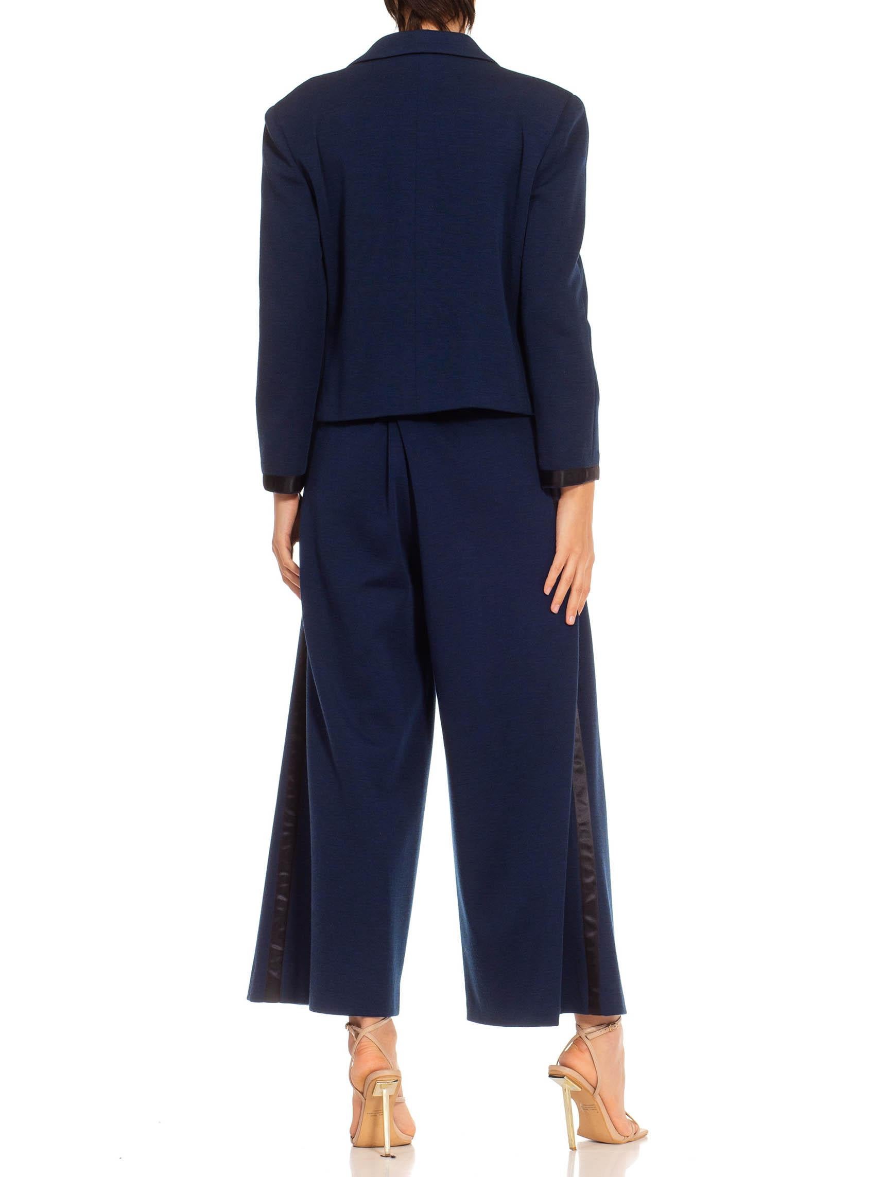 1970S CHANEL Navy Blue Wool Blend Jersey Pant Suit With Black Satin Trim & Gold For Sale 1