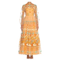 1970S CHANEL Peach Haute Couture Floral Embroidered Organza Gown