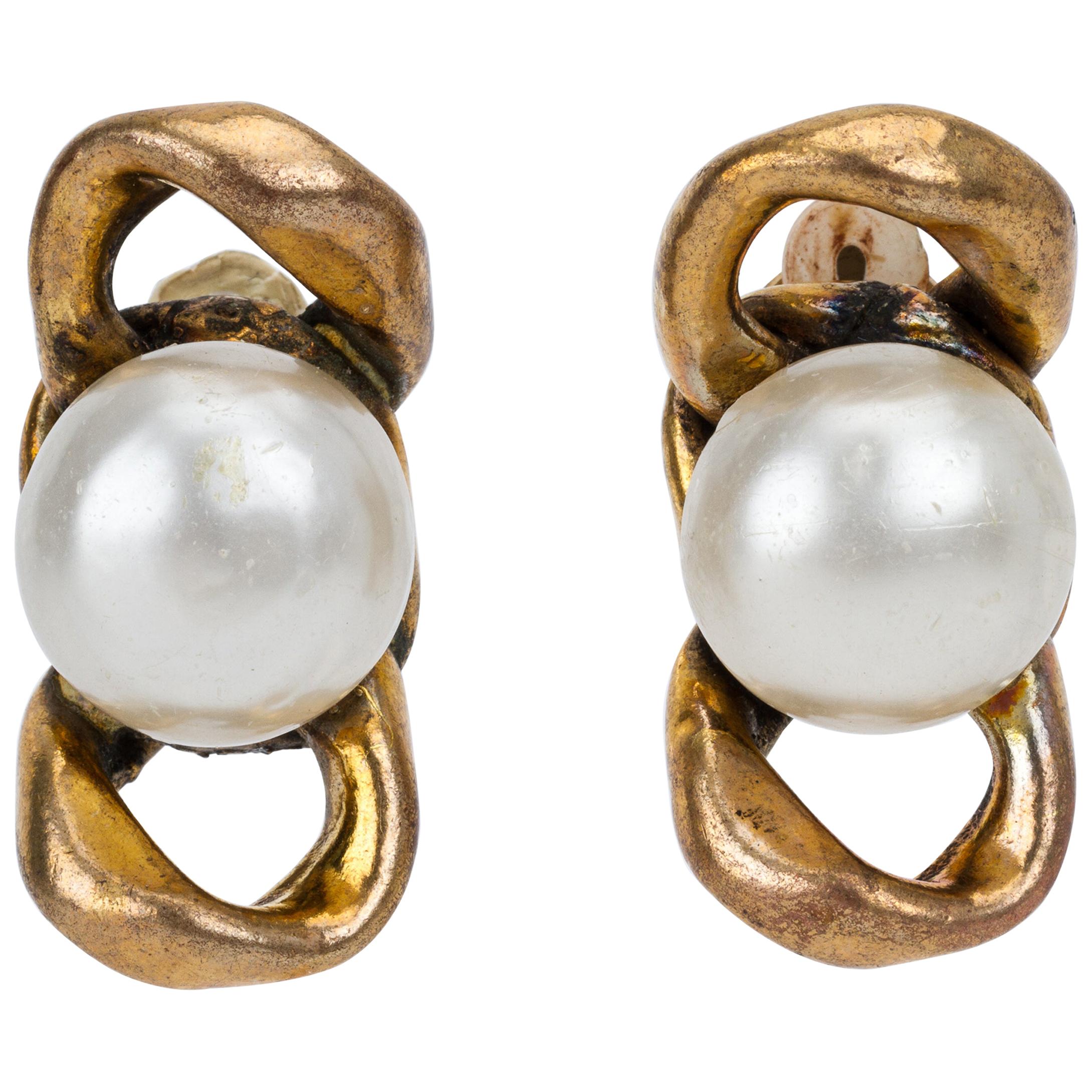 1970's Chanel Pearl Chain Clip Earrings For Sale