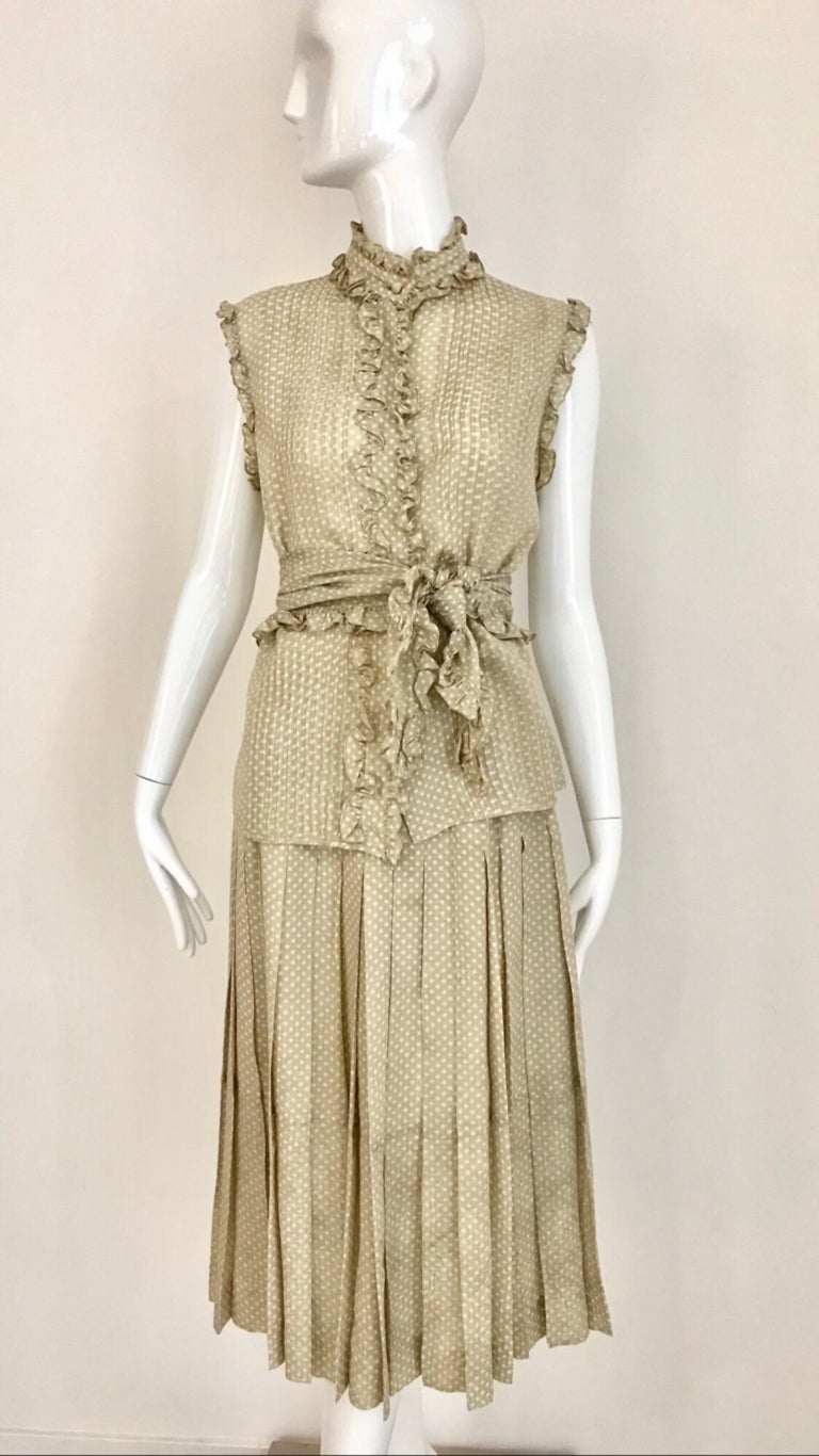1970s Chanel Polkadot Silk Ruffle Blouse and Skirt Set For Sale at 1stdibs
