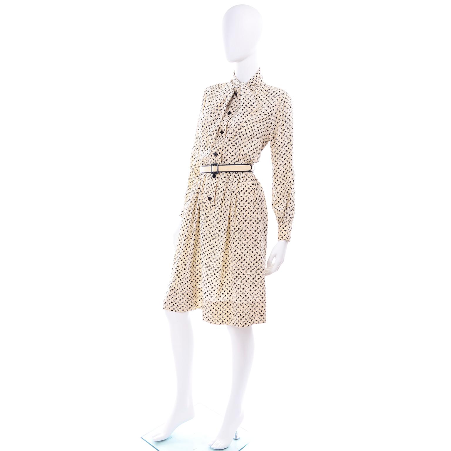 1970s Chanel Vintage Cream Black Tulip Print Silk Day Dress  In Excellent Condition In Portland, OR