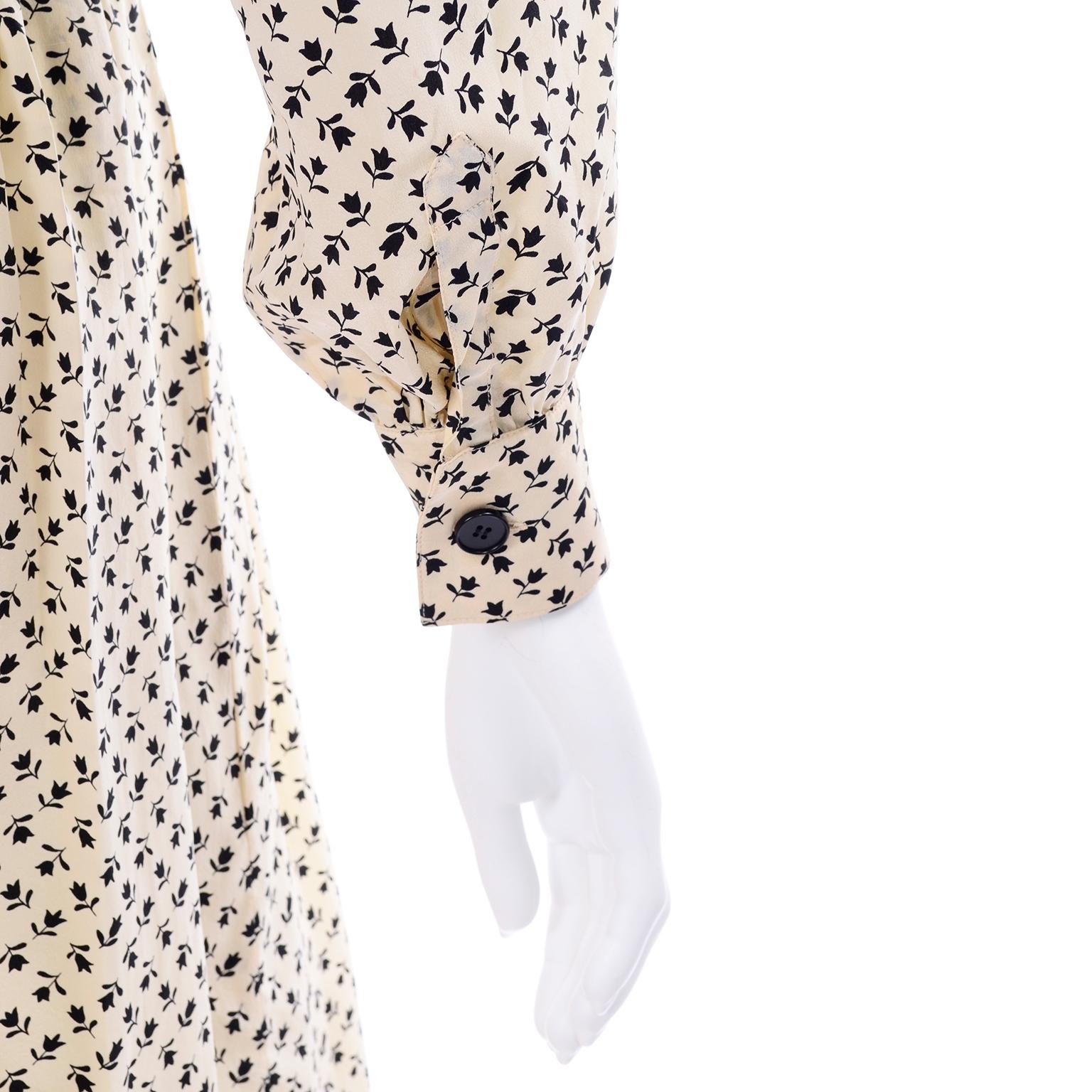 1970s Chanel Vintage Cream Black Tulip Print Silk Day Dress  1
