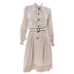 1970s Chanel Vintage Cream Black Tulip Print Silk Day Dress 