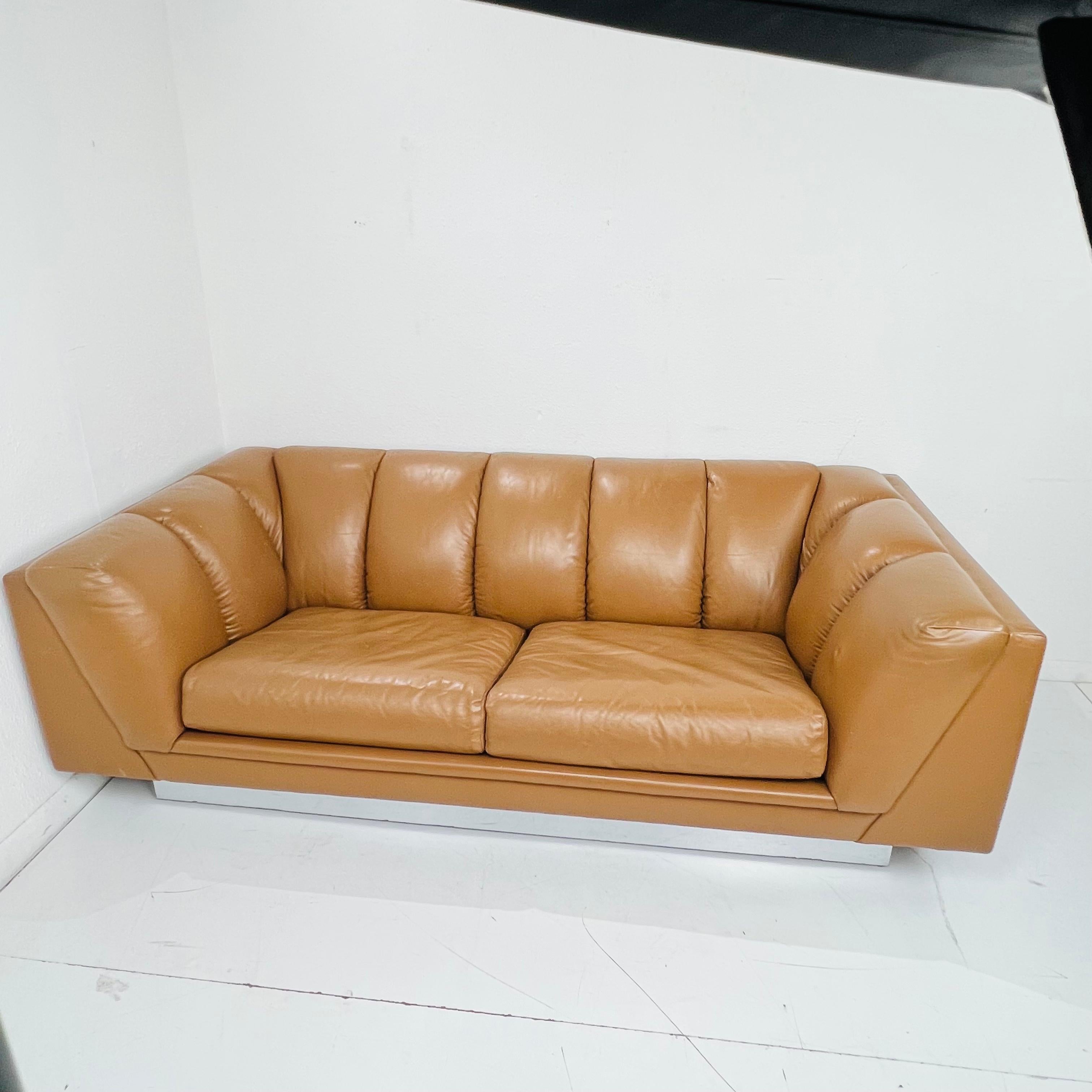 1970's Channeled Leather Sofa by Metropolitan In Good Condition For Sale In Dallas, TX