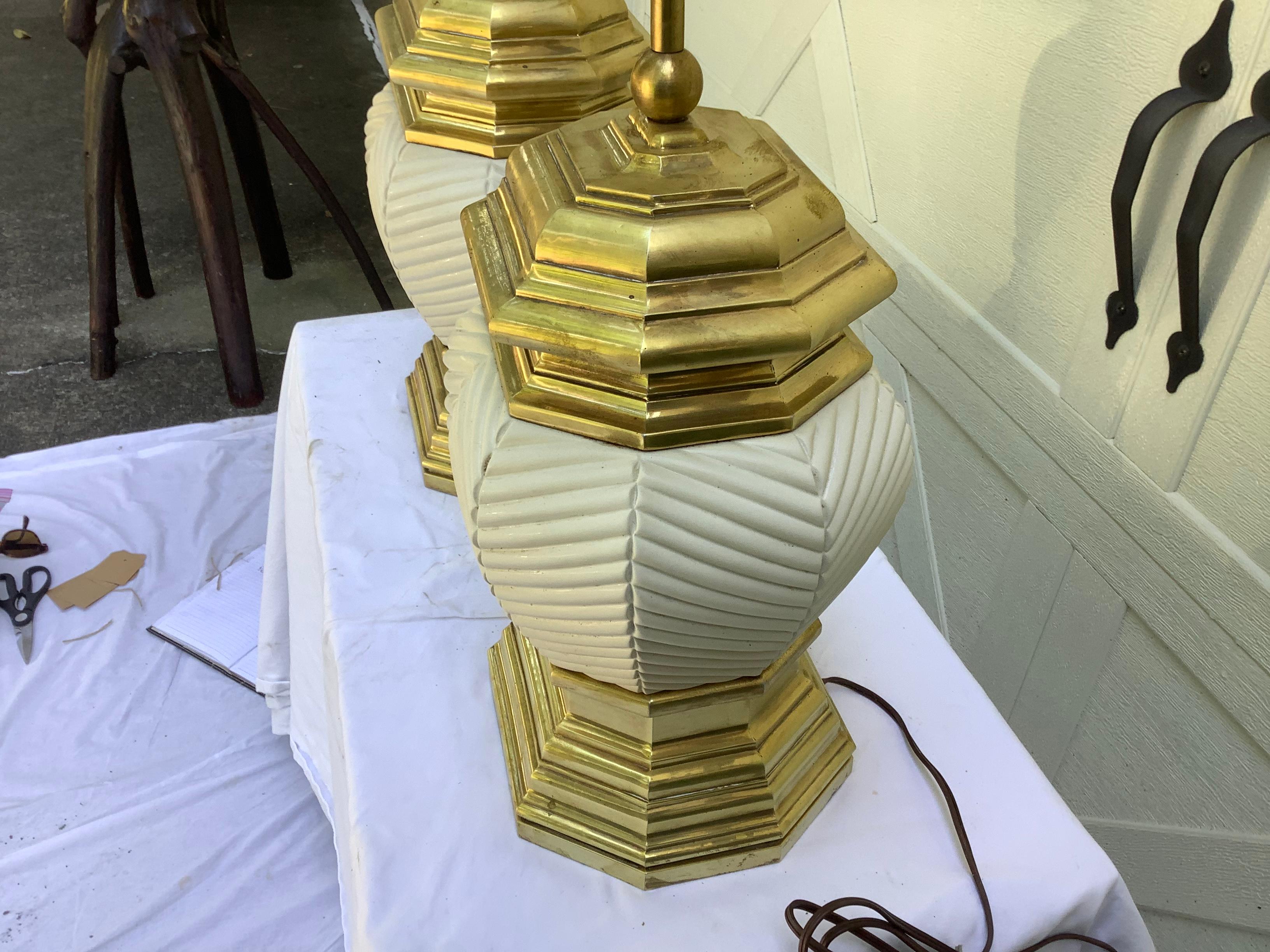 1970s Chapman Brass & Ceramic Lamps, a Pair 4