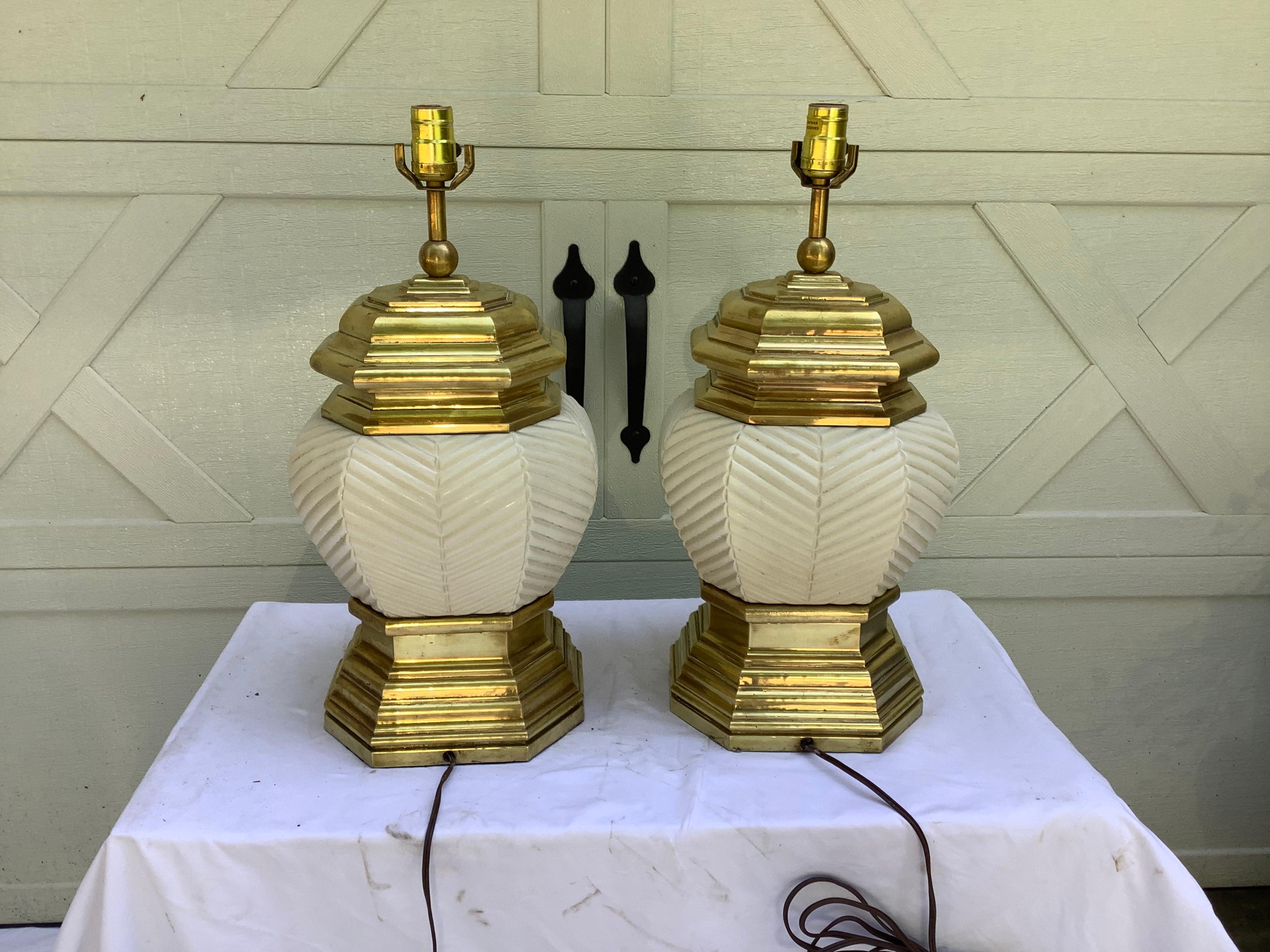 Late 20th Century 1970s Chapman Brass & Ceramic Lamps, a Pair