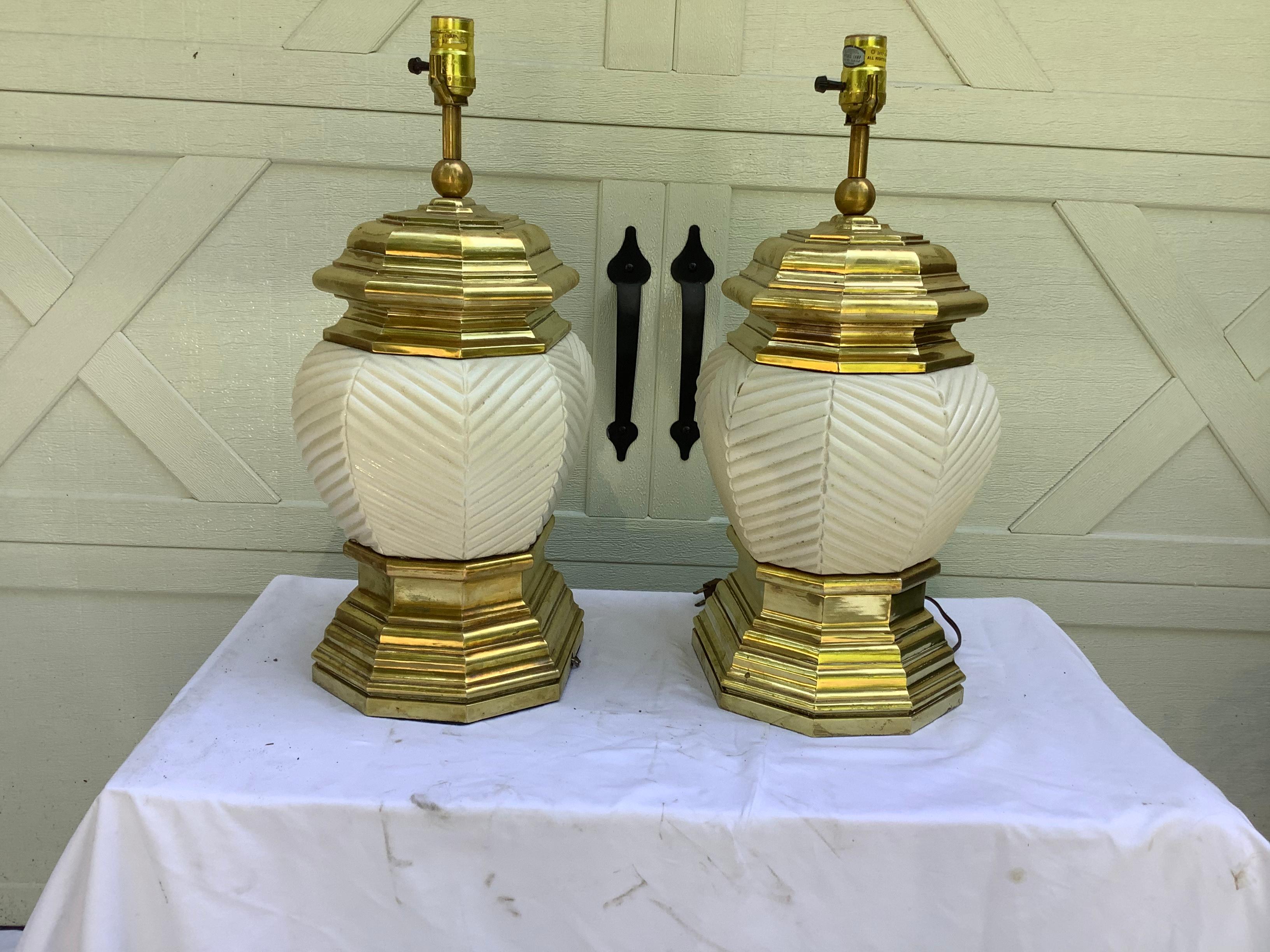 1970s Chapman Brass & Ceramic Lamps, a Pair 1