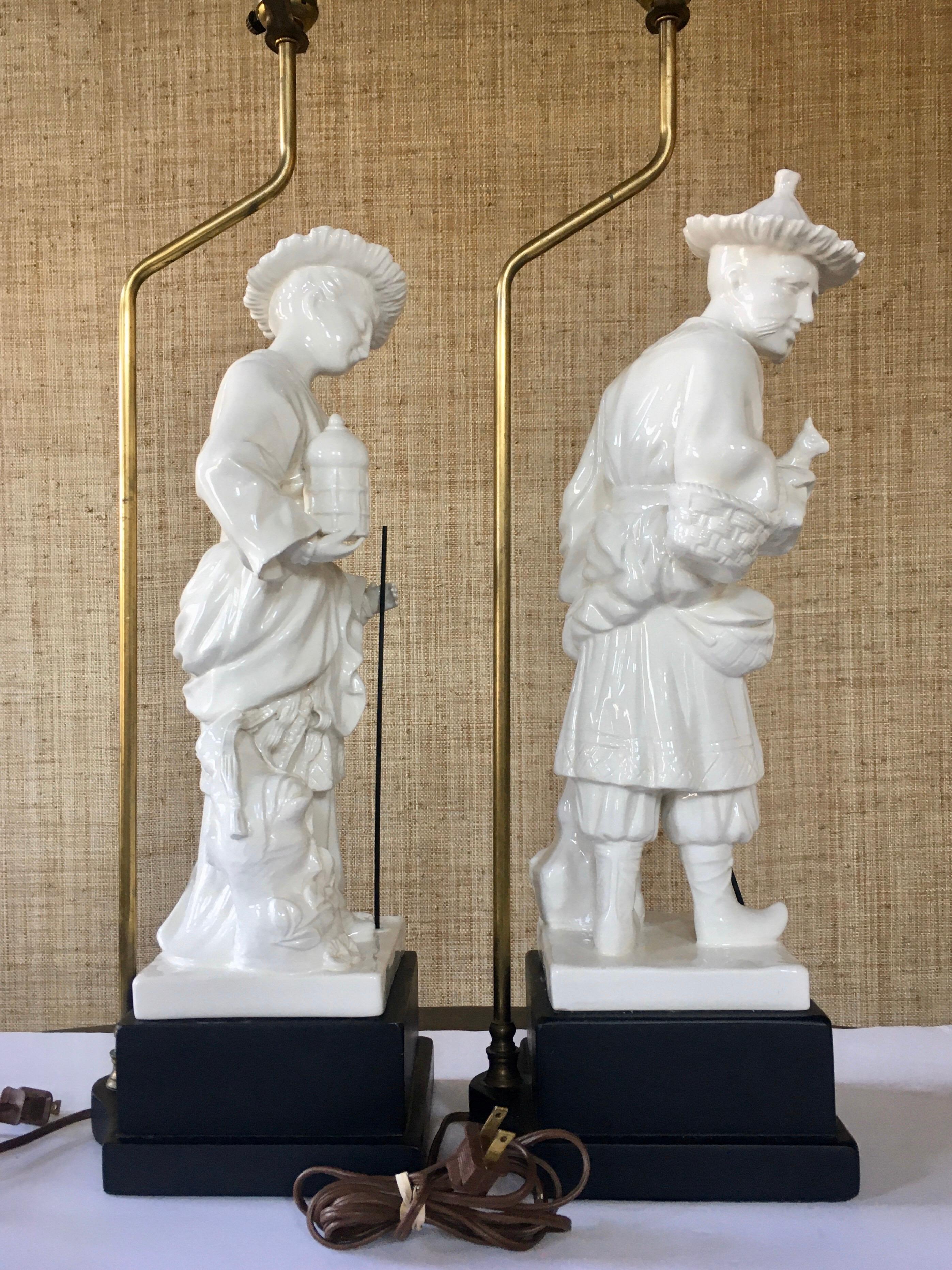 Mid-Century Modern 1970s Chapman Chinoiserie Porcelain Figural Asian Table Lamps, Pair