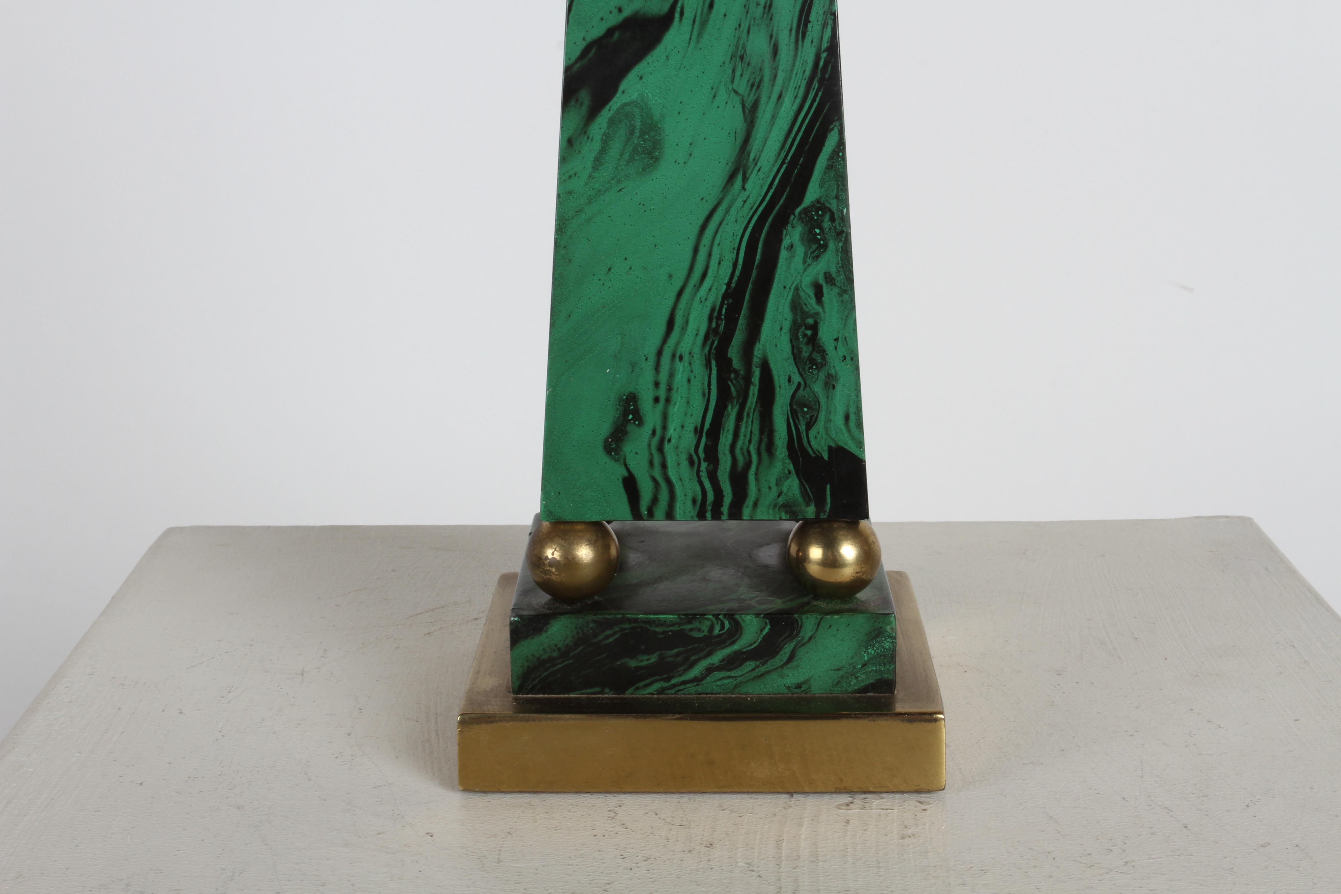 1970s  Hollywood Regency or Egyptian Revival faux painted malachite & brass decorative obelisk. Possibly by Chapman style or in the style of Maitland Smith.  n fine condition, few touch ups to paint, minor patina to brass. 