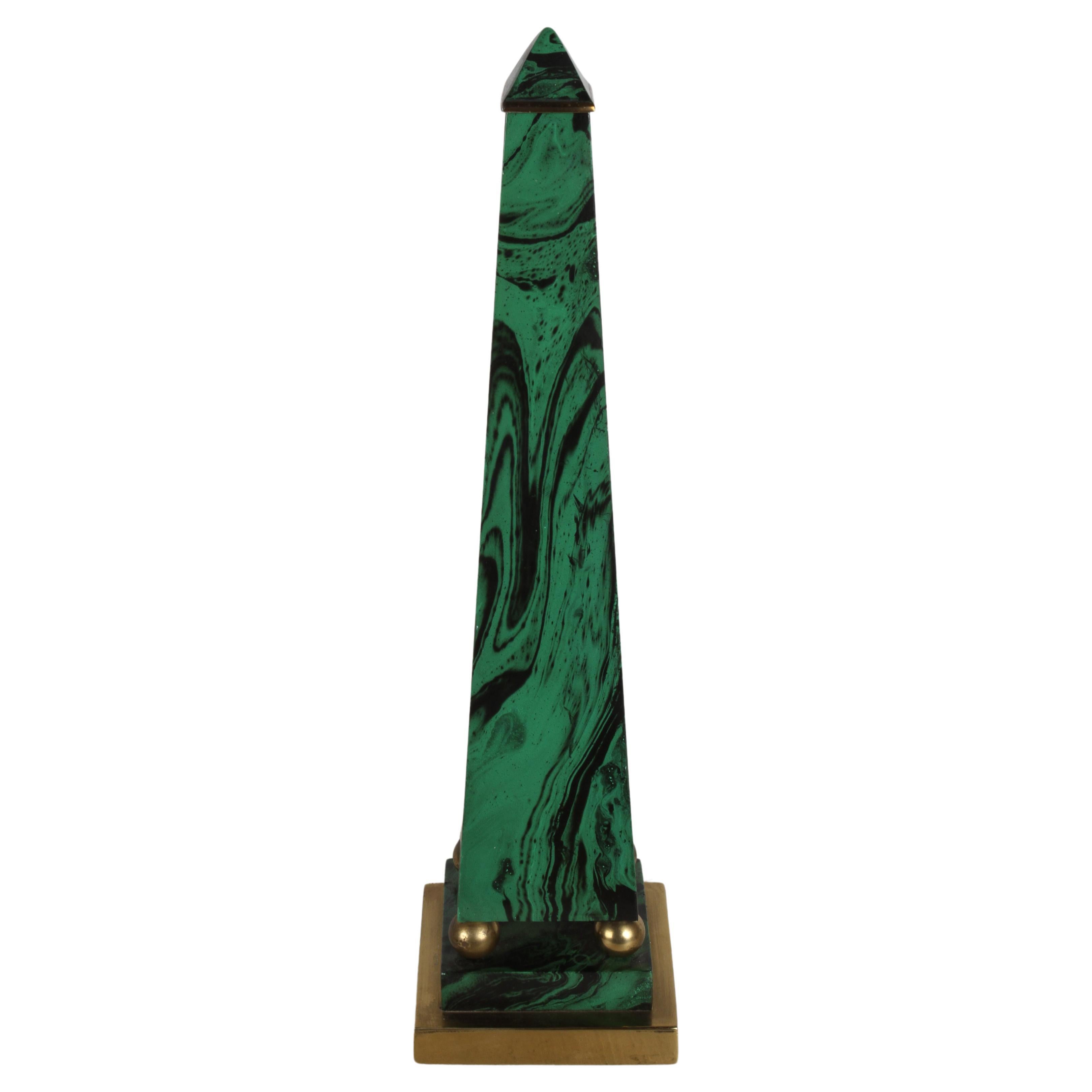 1970s Chapman Style Hollywood Regency "Egyptian" Faux Malachite & Brass Obelisk  For Sale