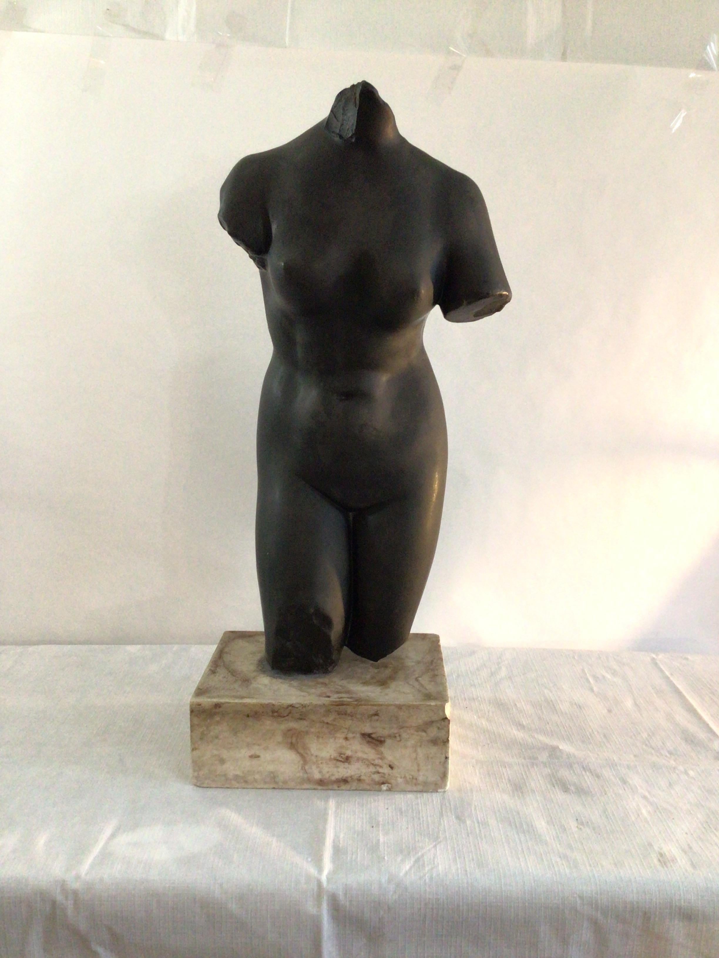 1970s Charcoaled Ceramic Torso Of A Nude Female On A Painted Plaster Base 
Some may say this looks like the torso of Aphrodite
Height includes base
Chip in corner of base (as shown in picture).