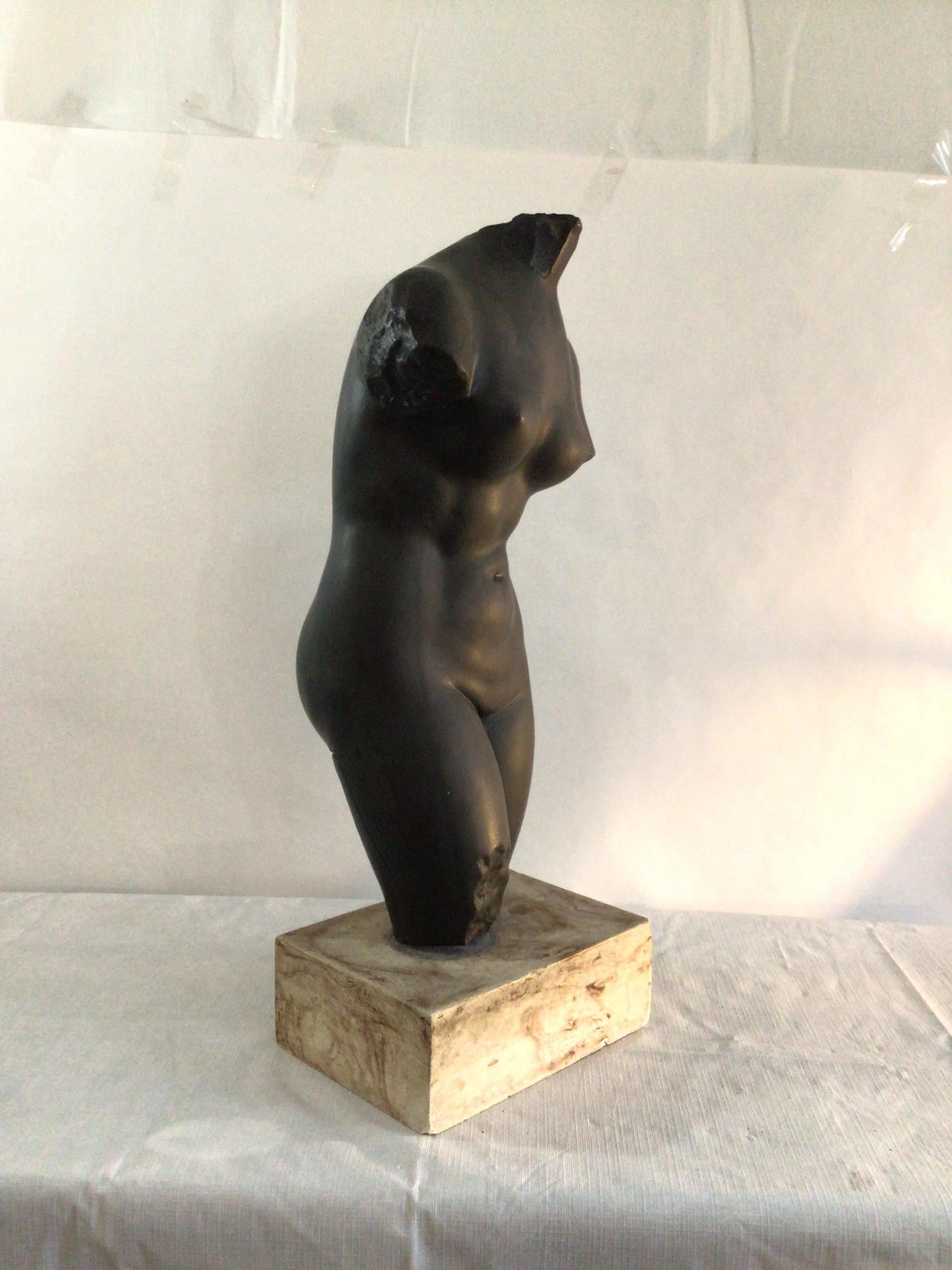 Unknown 1970s Charcoaled Ceramic Torso of a Nude Female on a Painted Plaster Base For Sale