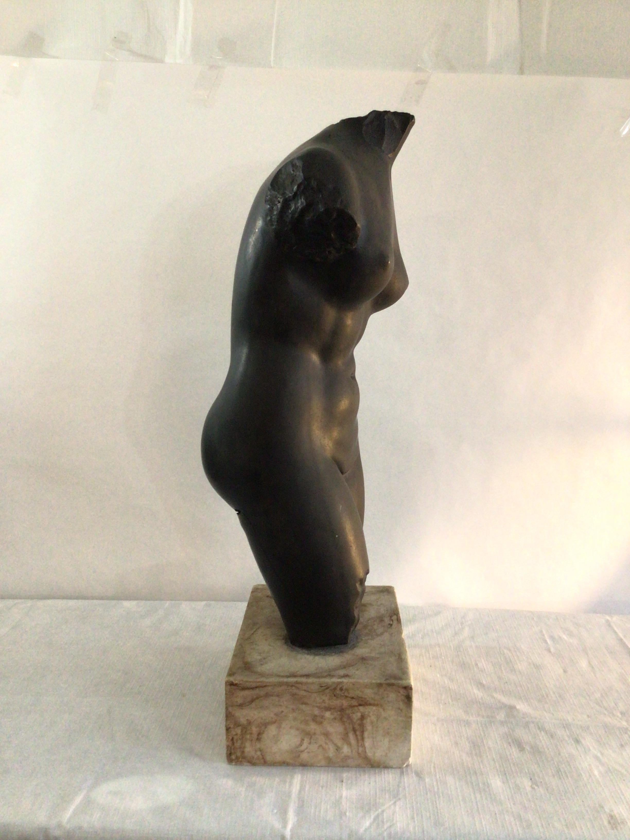 1970s Charcoaled Ceramic Torso of a Nude Female on a Painted Plaster Base In Good Condition For Sale In Tarrytown, NY