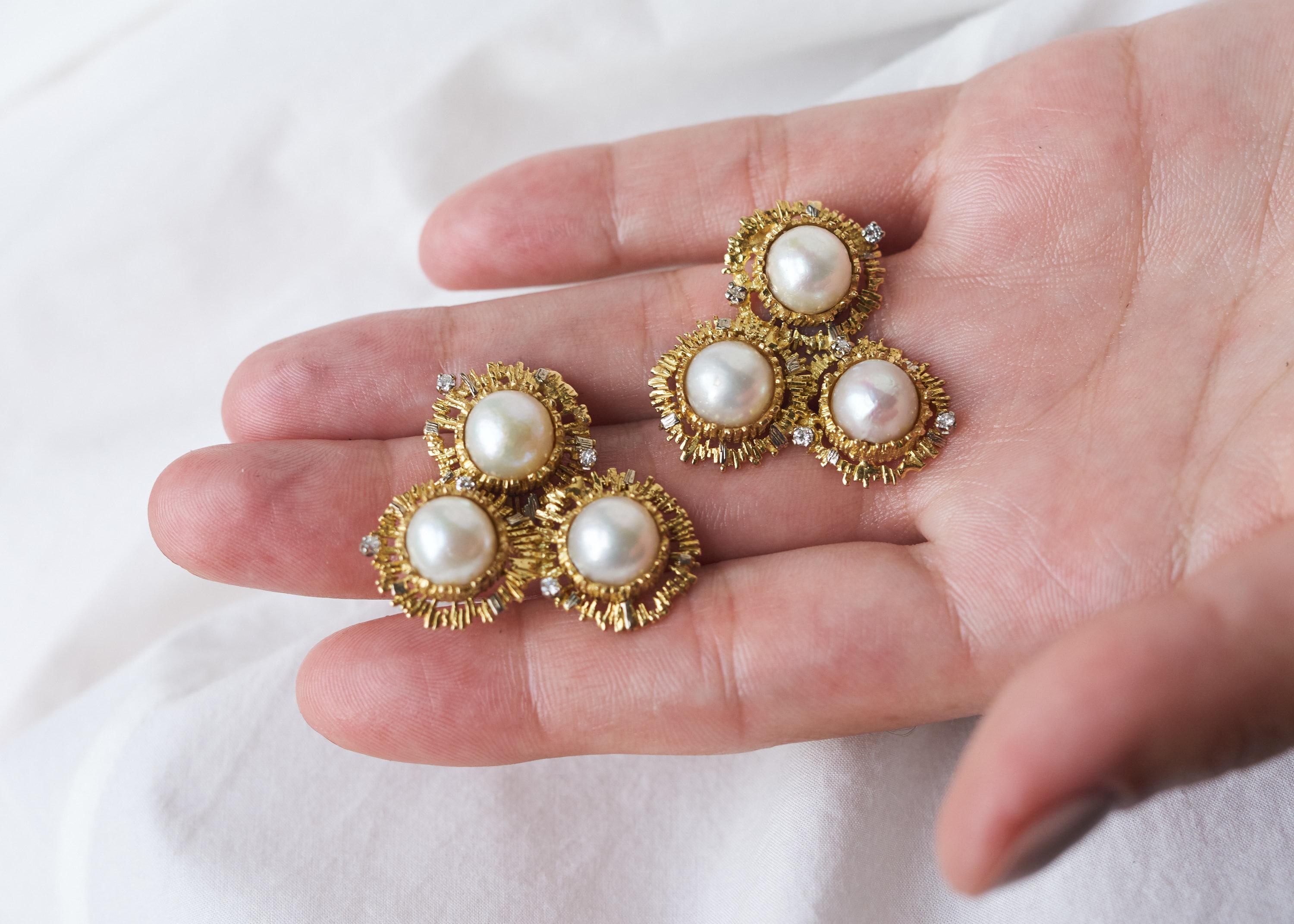 Modernist 1970s Charles de Temple Mabe Pearl Diamond and Gold Ear Clips