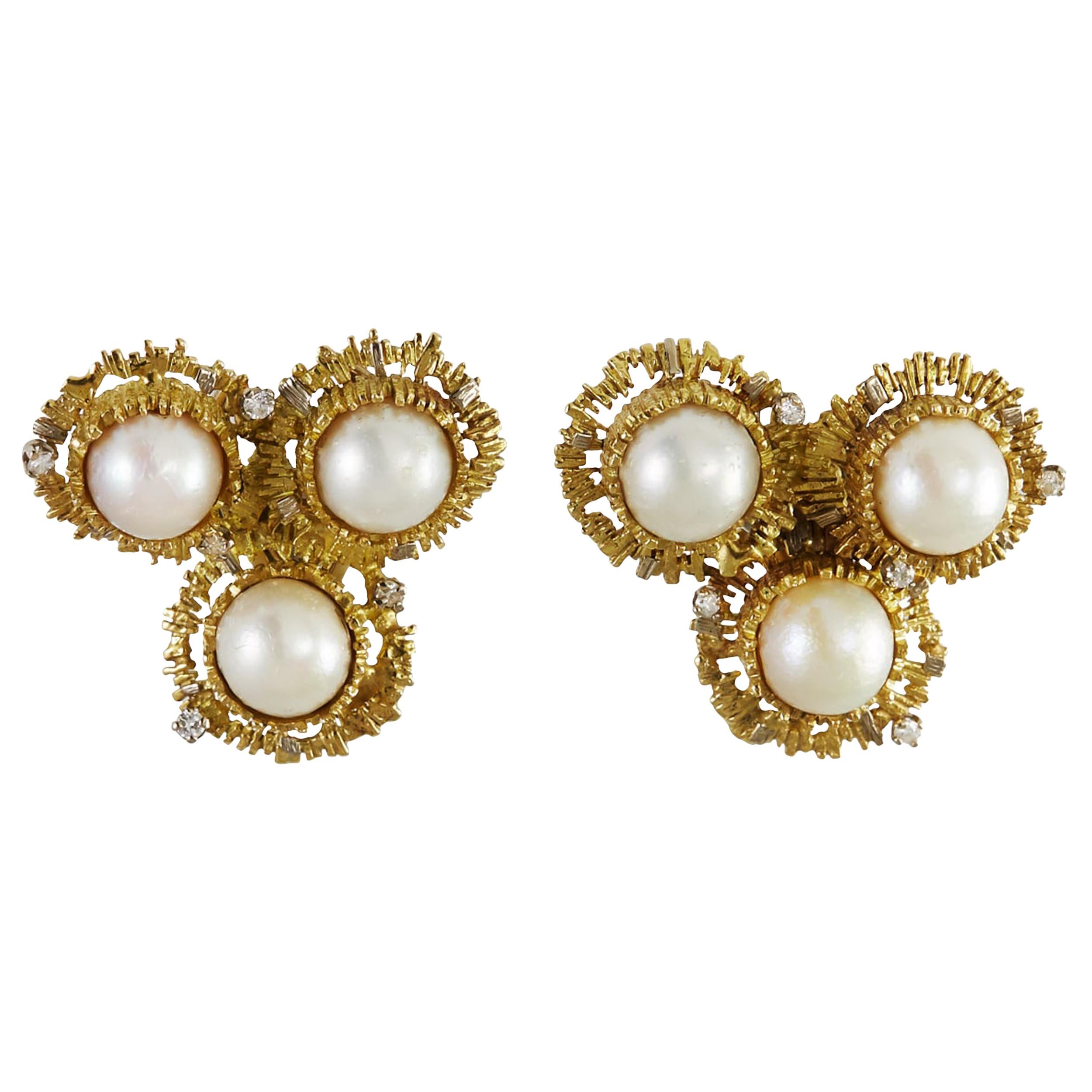 1970s Charles de Temple Mabe Pearl Diamond and Gold Ear Clips