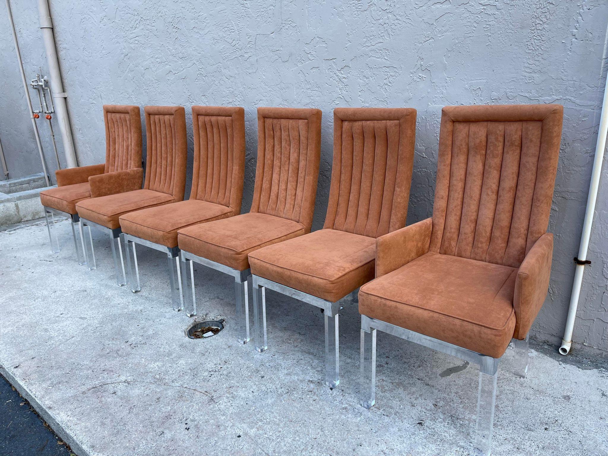 1970s Charles Hollis Jones Chrome Base Dining Chairs With Lucite Legs- Set of 6 For Sale 5