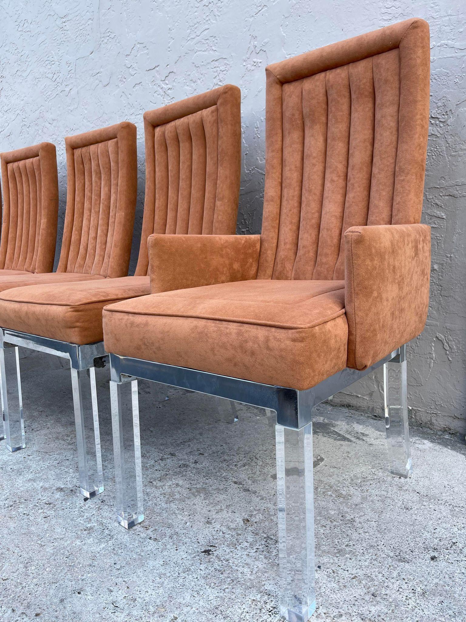 Spectacular set of 6 Charles Hollis Jones Chrome and Lucite Dining Chairs including 2 Captains chairs and 4 side chairs. Pristine Original Vintage Condition with Original Ultra Suede Upholstery fabric. 


Condition Disclosure:
Please understand