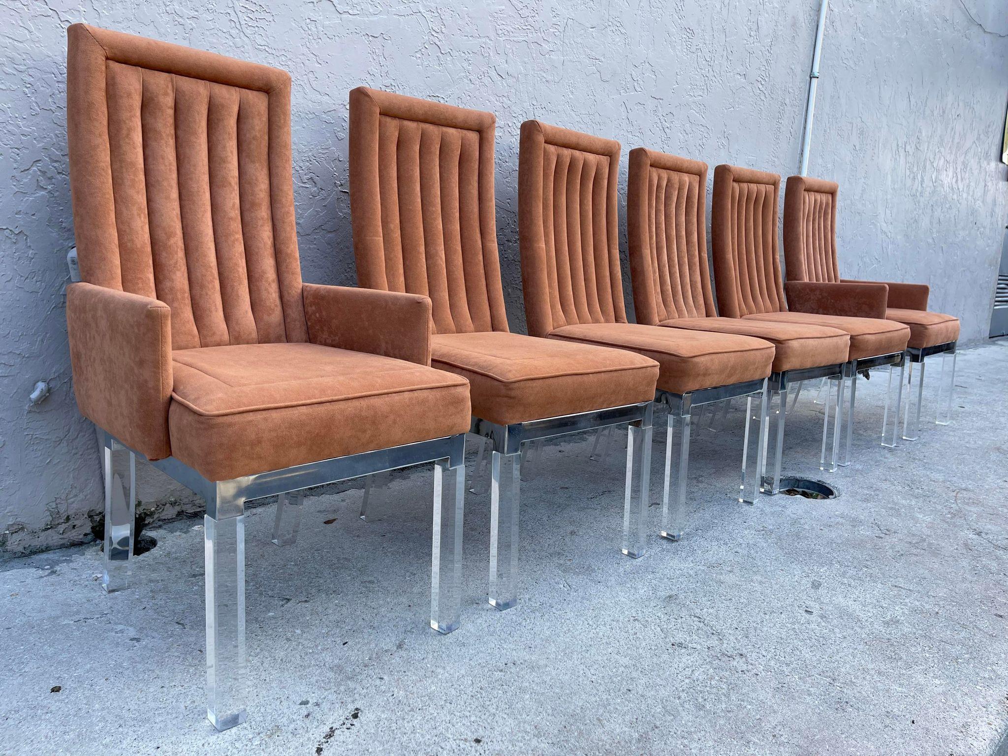 Mid-Century Modern 1970s Charles Hollis Jones Chrome Base Dining Chairs With Lucite Legs- Set of 6 For Sale