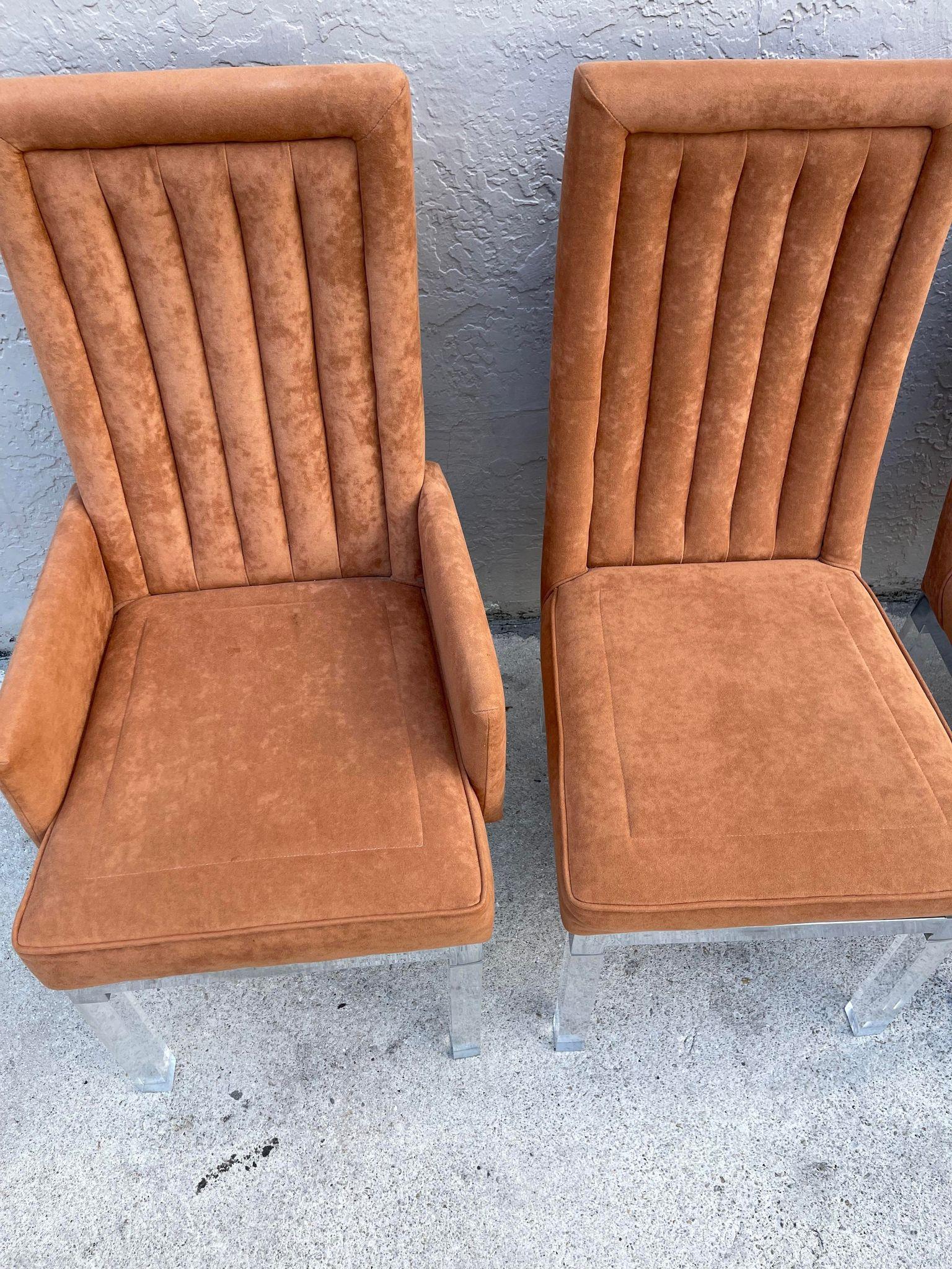 American 1970s Charles Hollis Jones Chrome Base Dining Chairs With Lucite Legs- Set of 6 For Sale