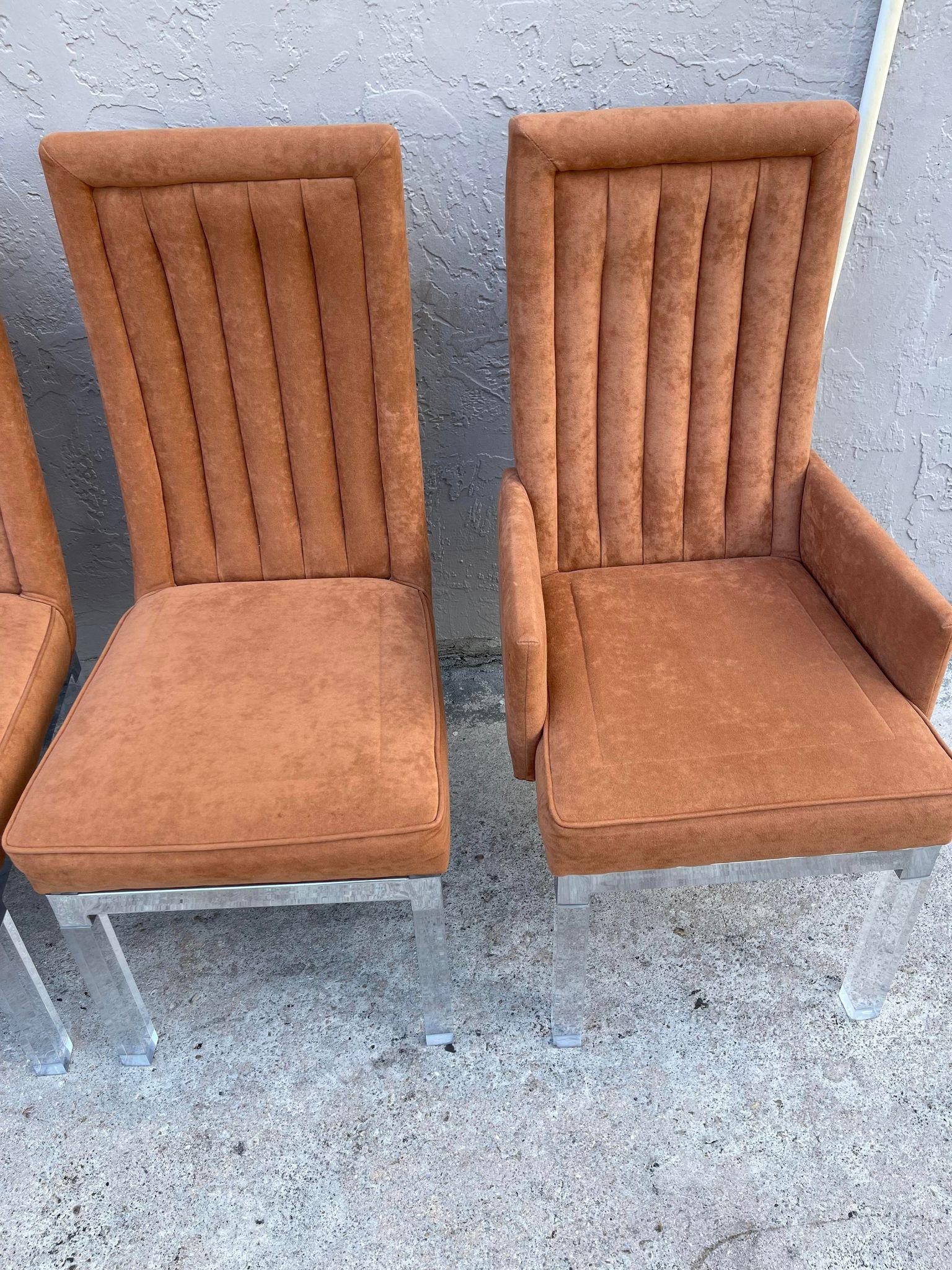 Late 20th Century 1970s Charles Hollis Jones Chrome Base Dining Chairs With Lucite Legs- Set of 6 For Sale