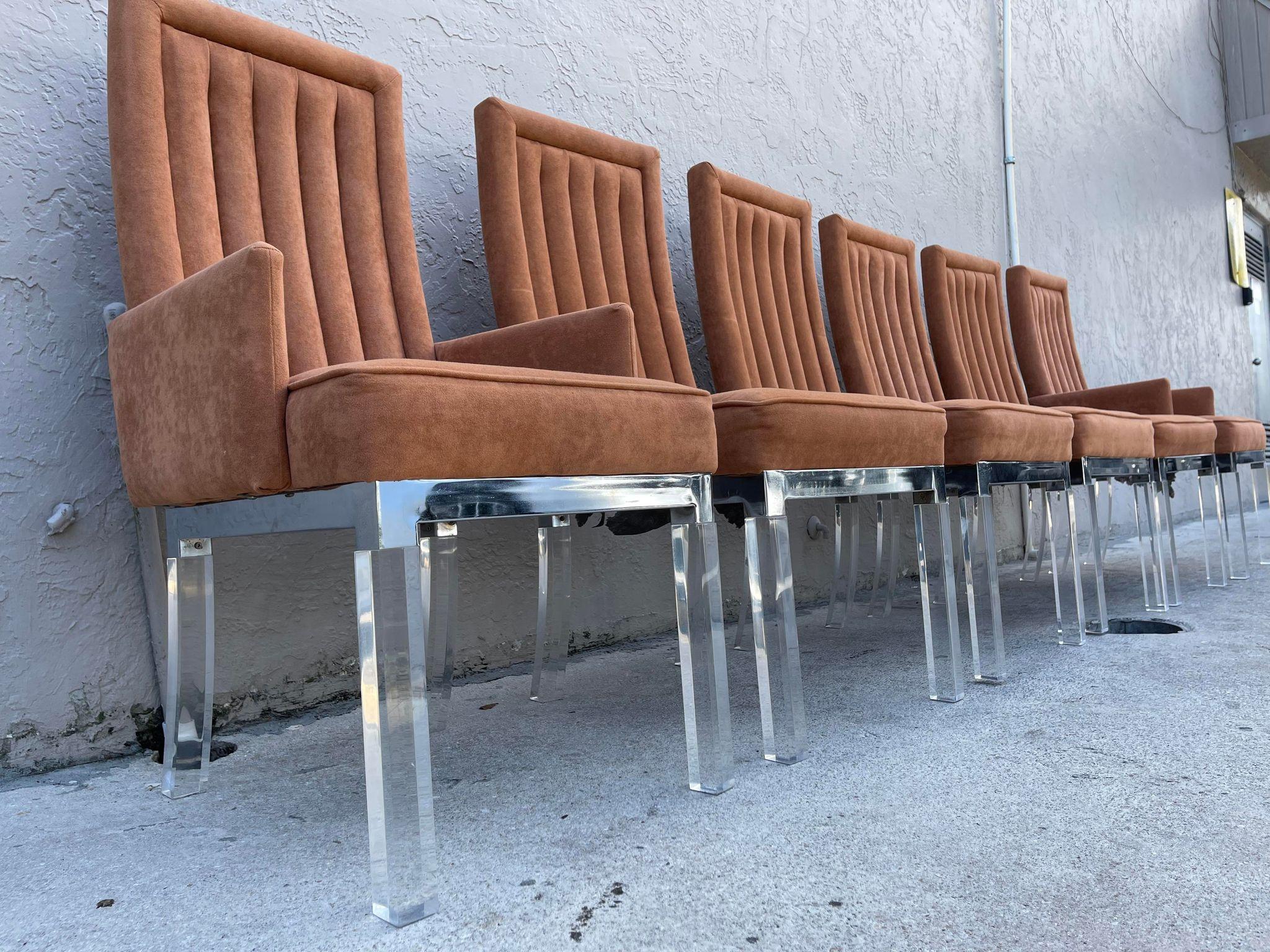 Upholstery 1970s Charles Hollis Jones Chrome Base Dining Chairs With Lucite Legs- Set of 6 For Sale