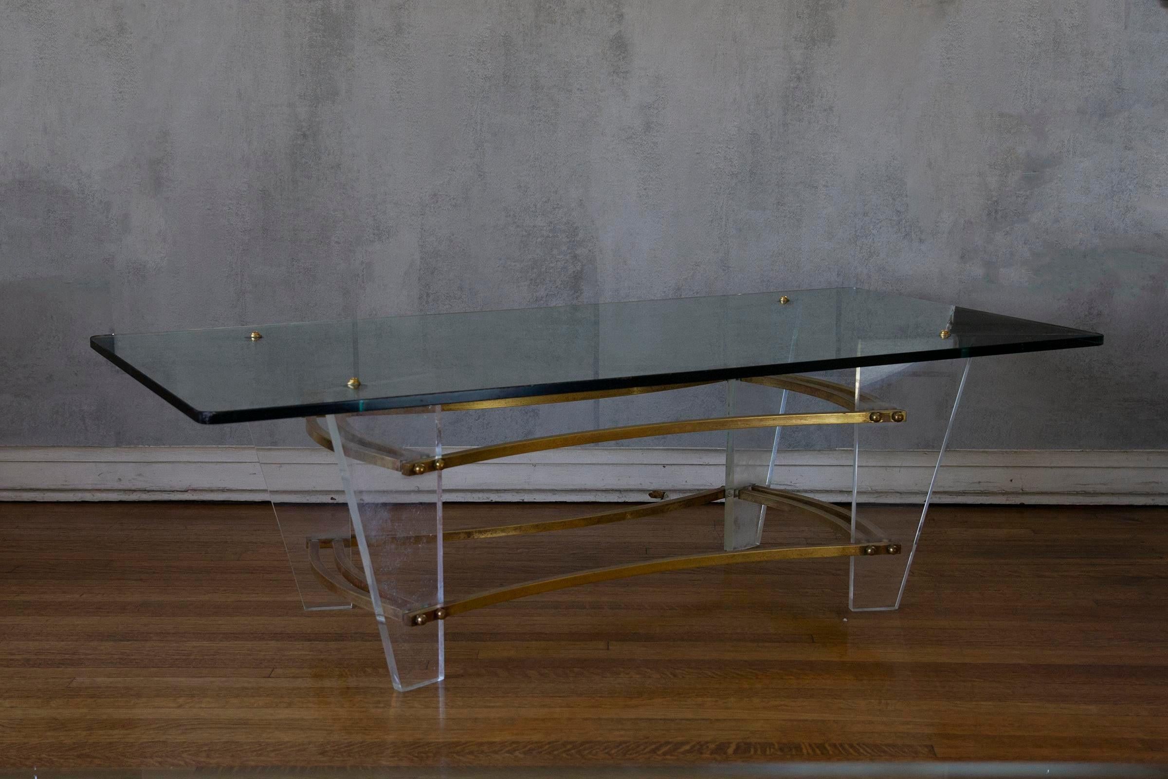 Modern 1970s Charles Hollis Jones Minimalist Lucite, Glass and Brass Coffee Table For Sale