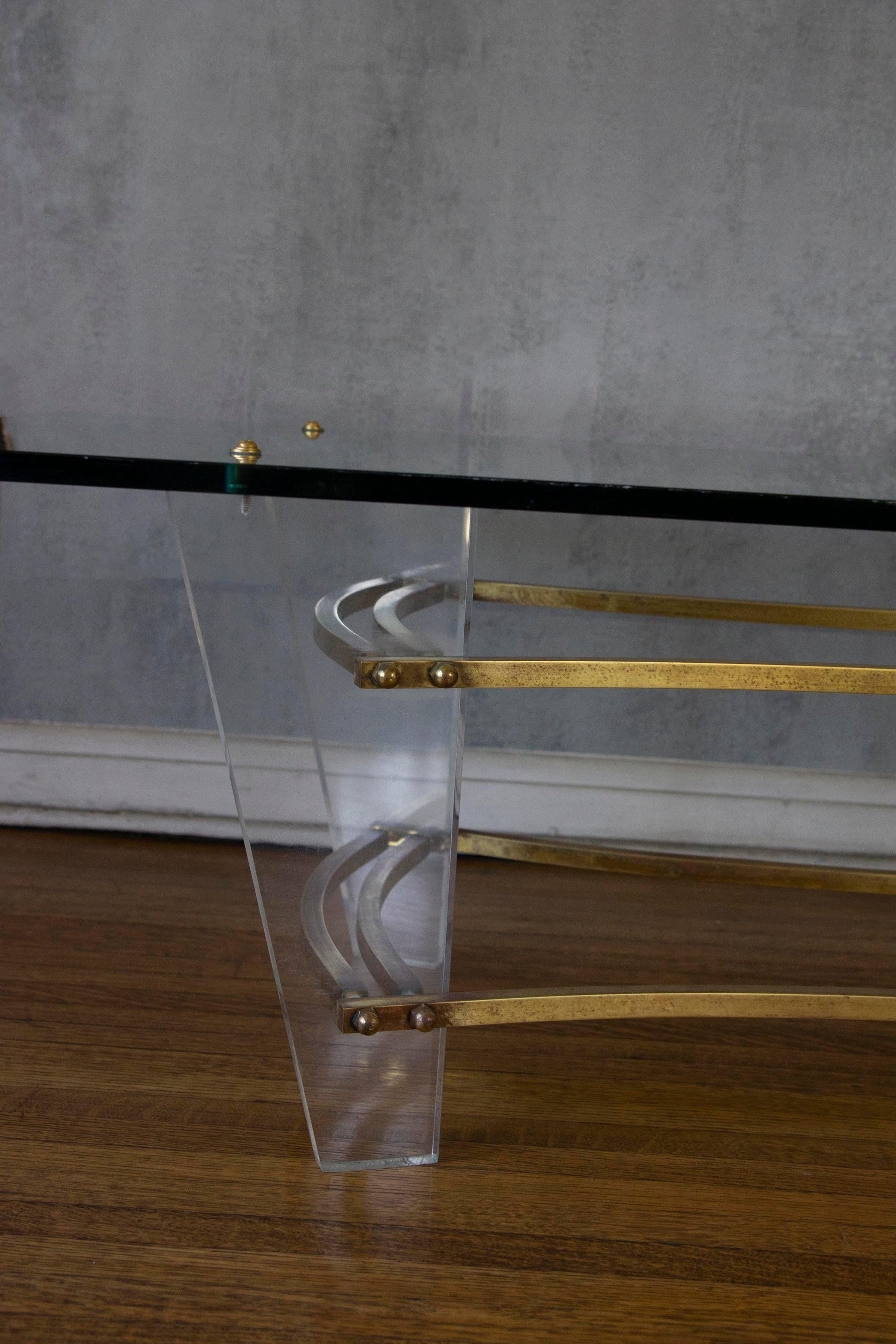 1970s Charles Hollis Jones Minimalist Lucite, Glass and Brass Coffee Table For Sale 1