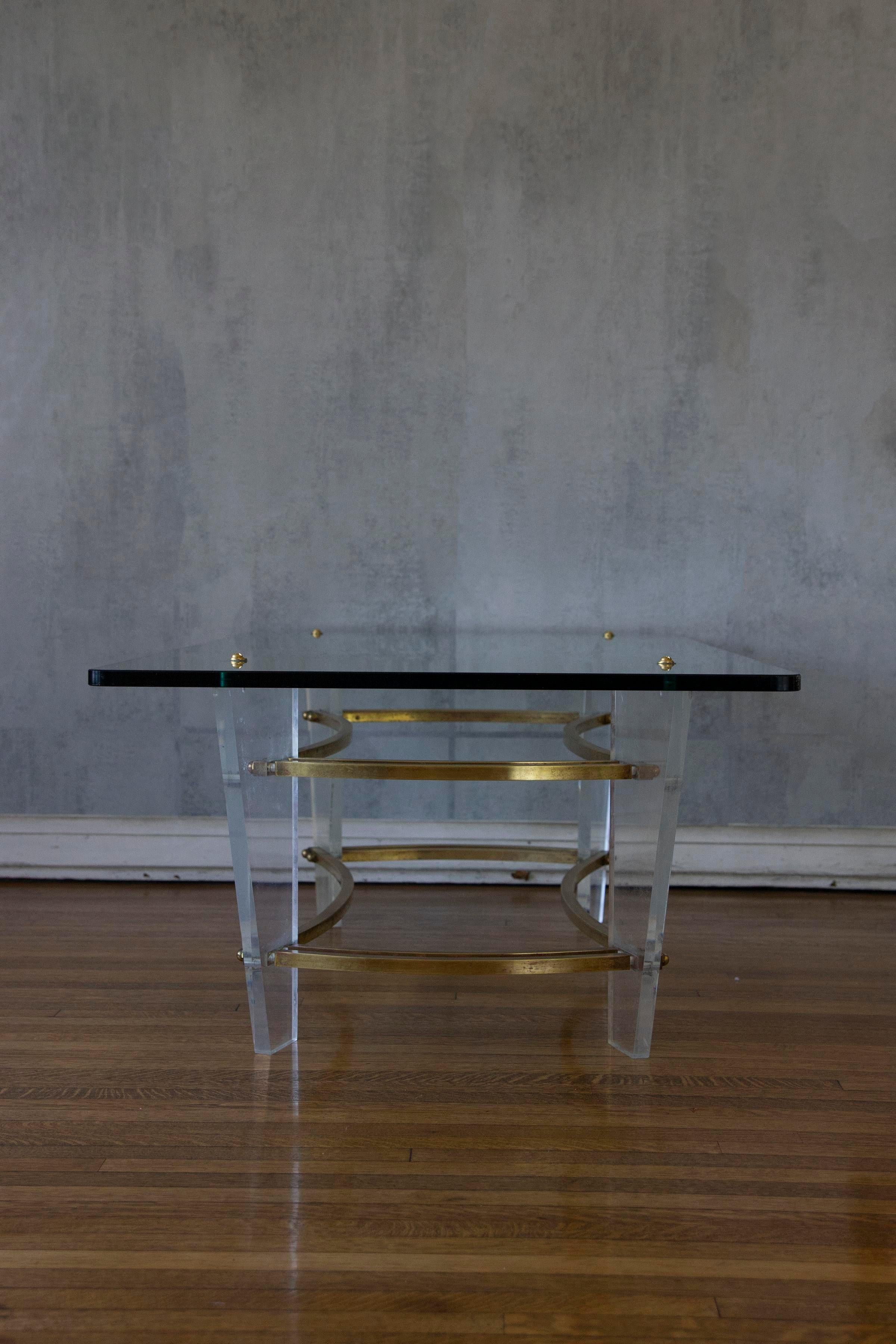 1970s Charles Hollis Jones Minimalist Lucite, Glass and Brass Coffee Table For Sale 4