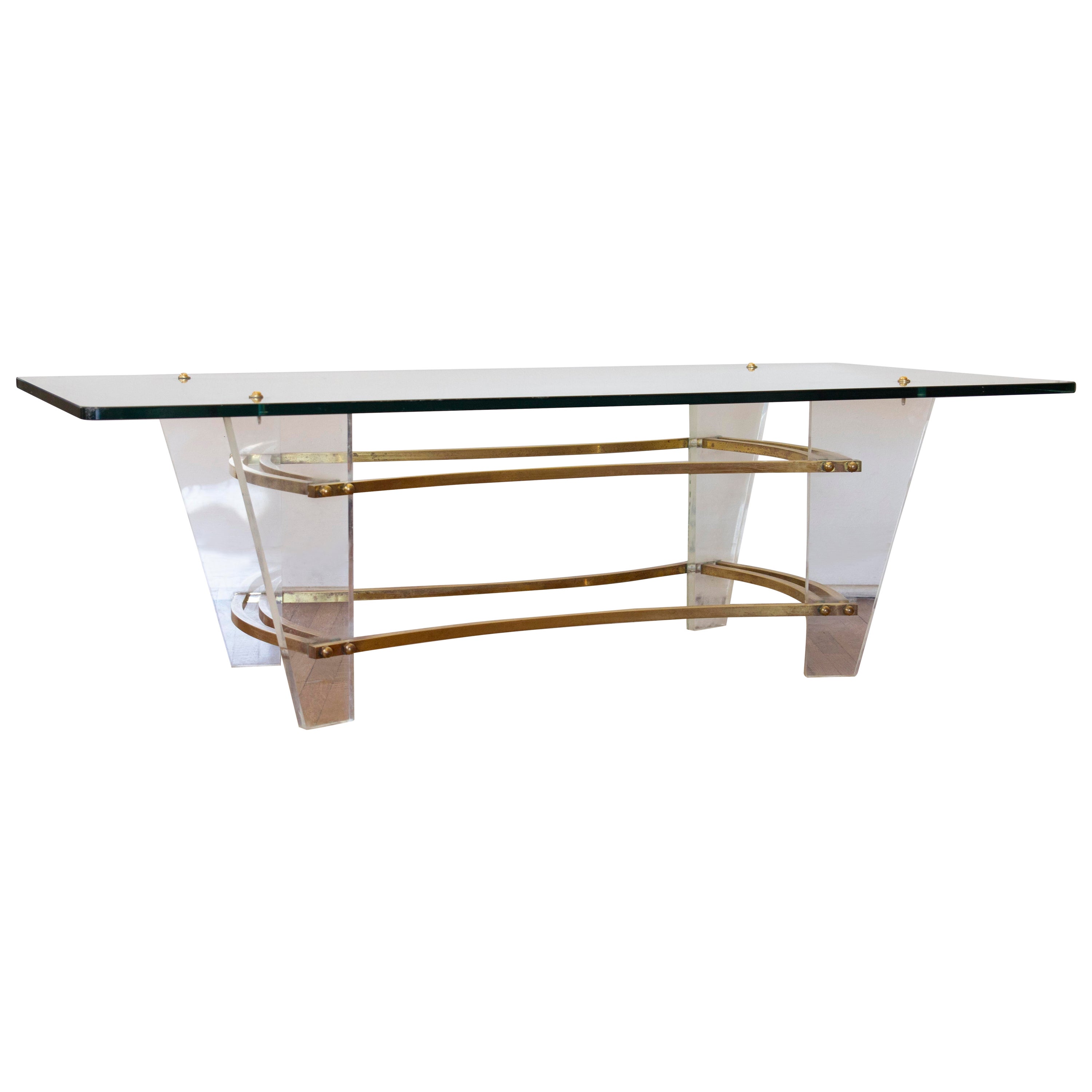 Tavolino minimalista in lucite, vetro e ottone di Charles Hollis Jones degli anni '70