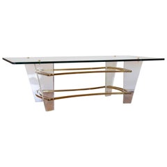 1970s Charles Hollis Jones Minimalist Lucite, Glass and Brass Coffee Table