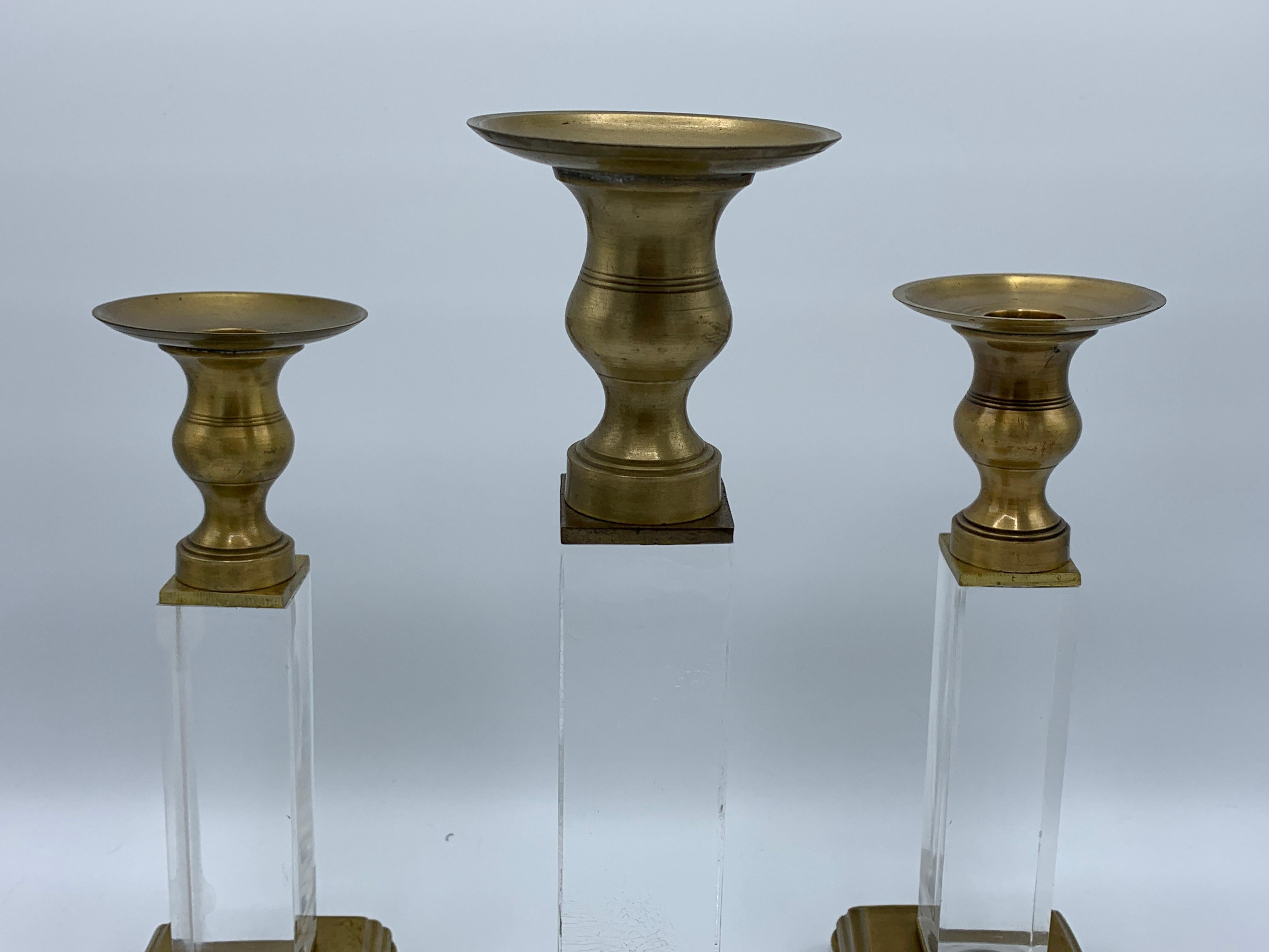 Modern 1970s Charles Hollis Jones Style Lucite and Brass Candlesticks, Set of 3 For Sale