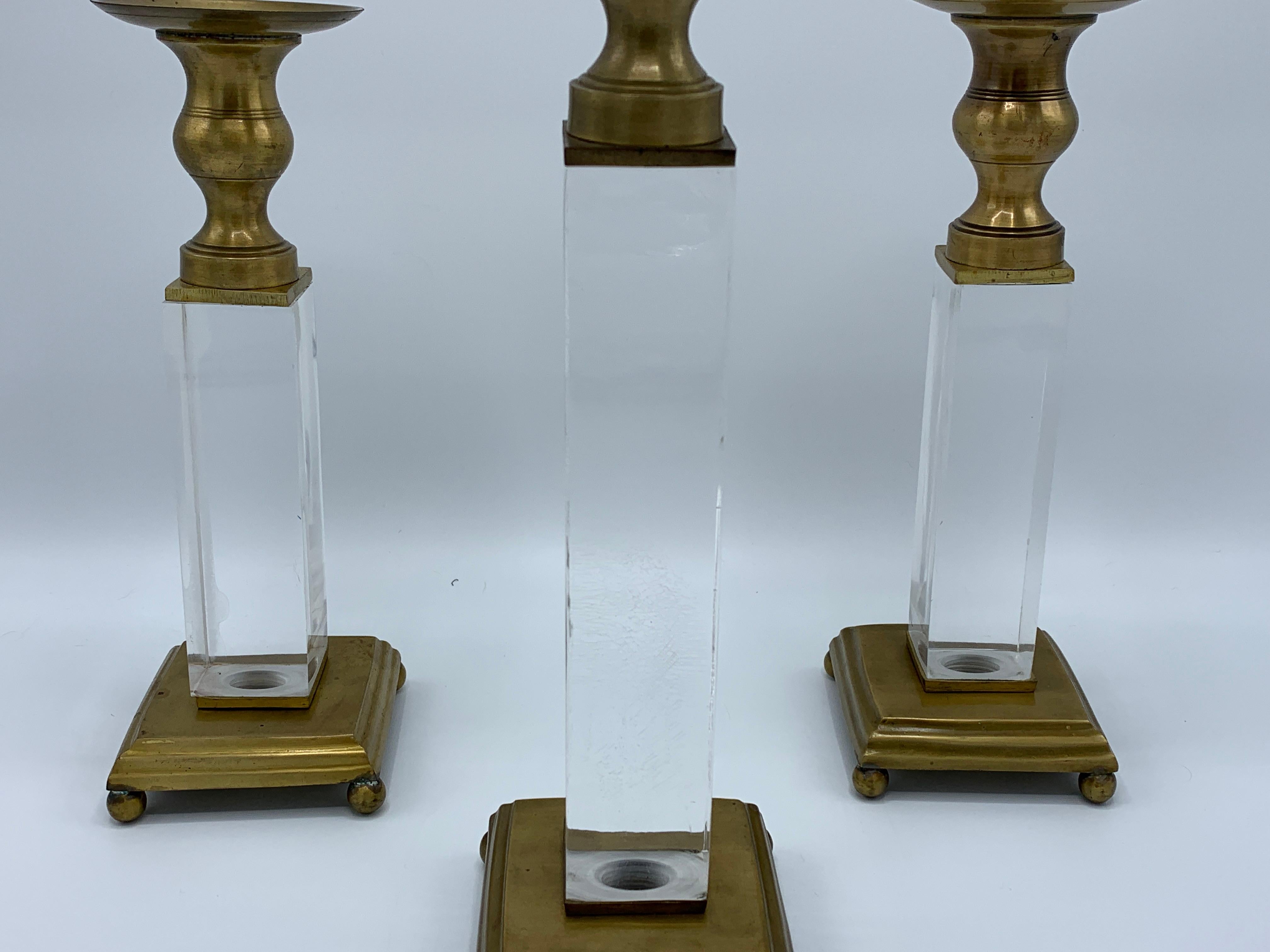 1970s Charles Hollis Jones Style Lucite and Brass Candlesticks, Set of 3 In Good Condition For Sale In Richmond, VA