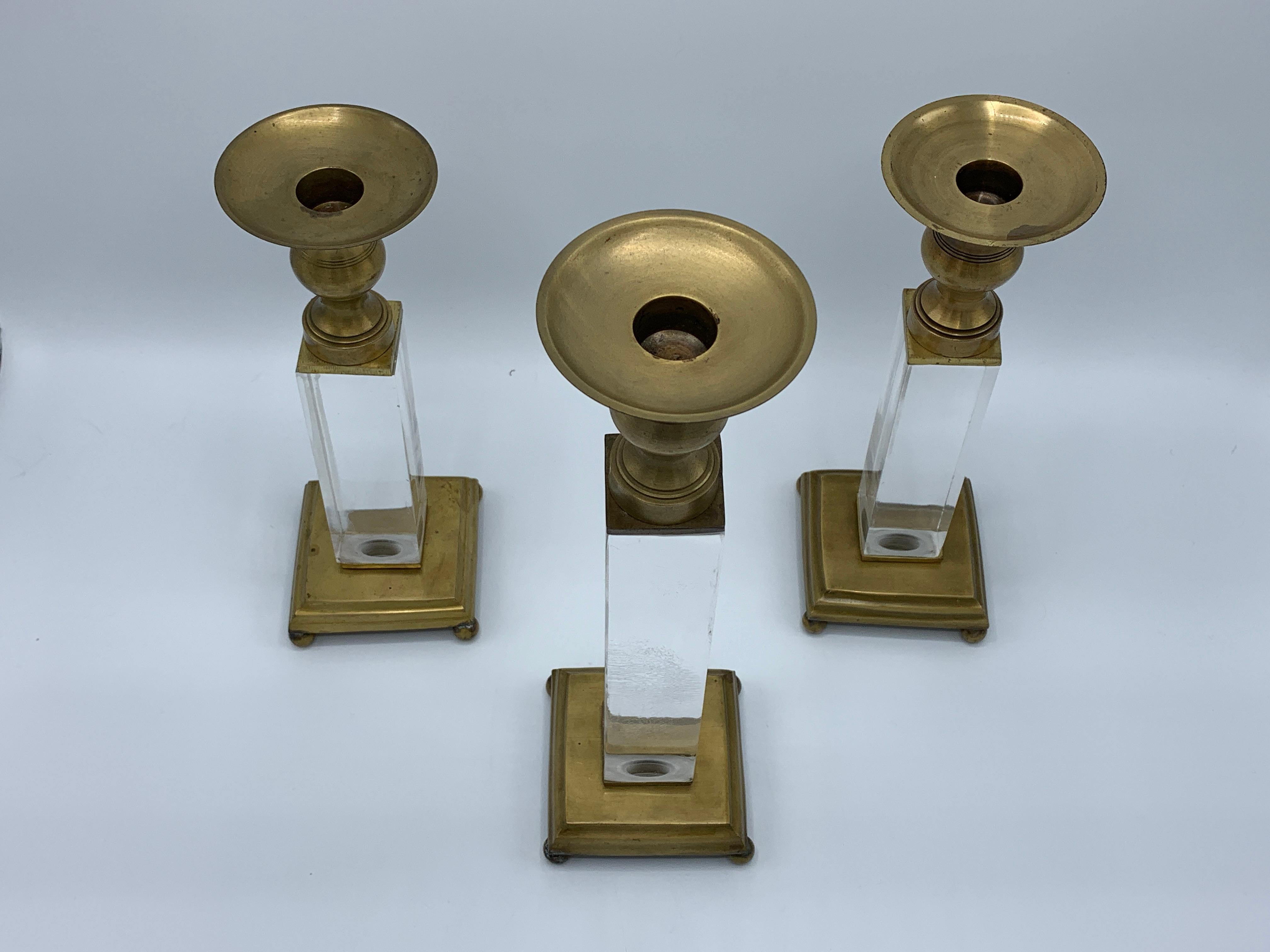 1970s Charles Hollis Jones Style Lucite and Brass Candlesticks, Set of 3 For Sale 1