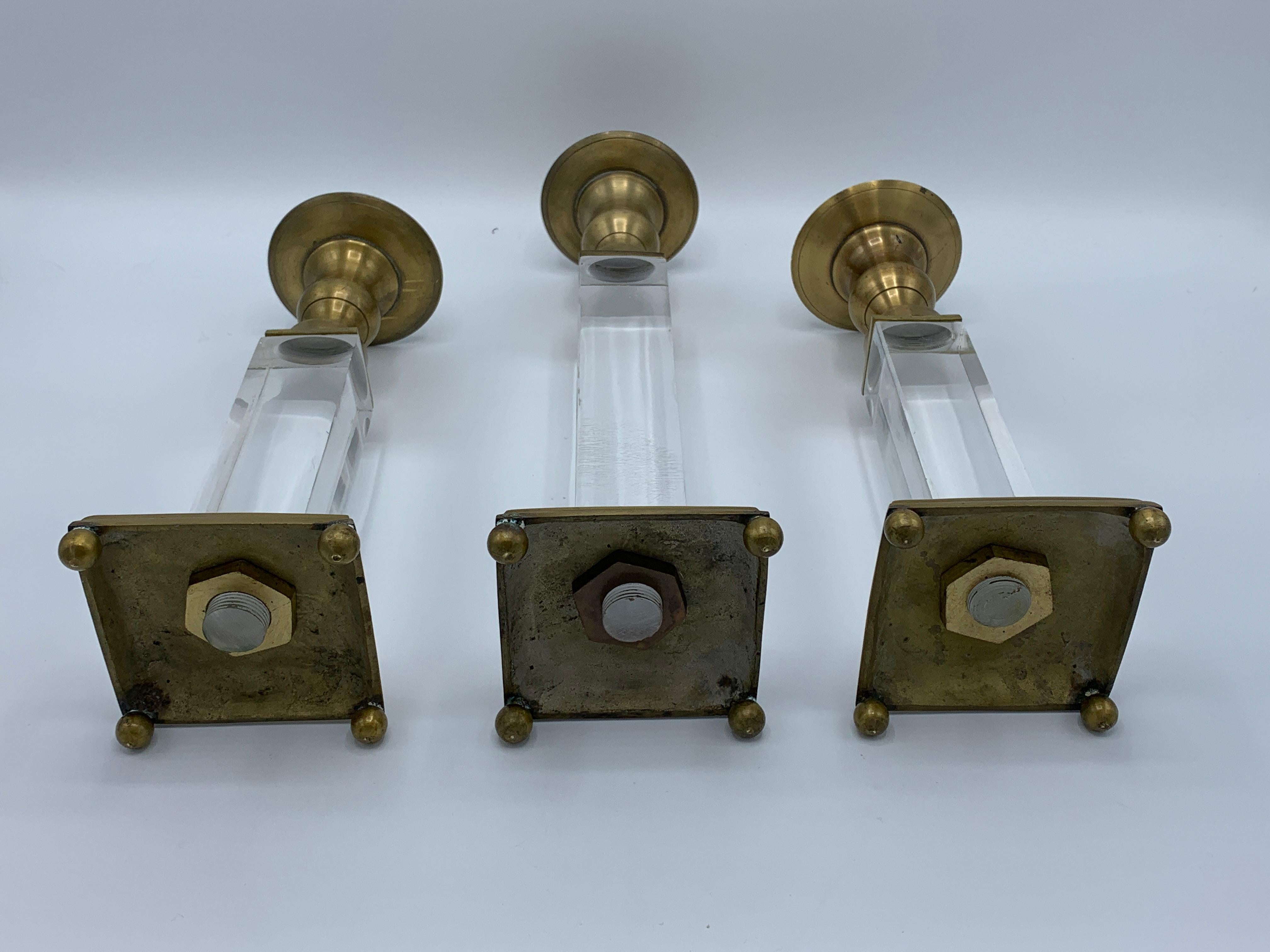 1970s Charles Hollis Jones Style Lucite and Brass Candlesticks, Set of 3 For Sale 2