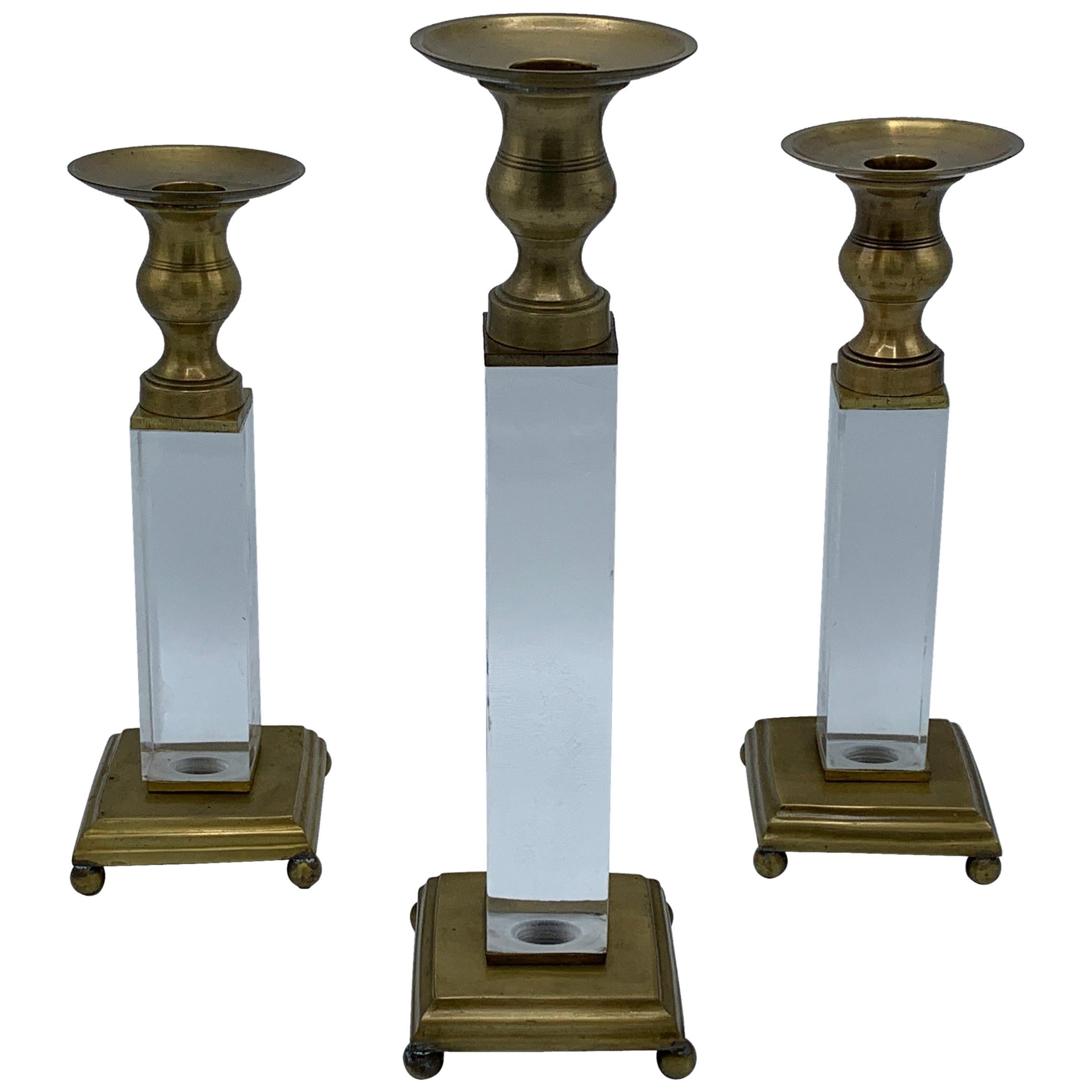 1970s Charles Hollis Jones Style Lucite and Brass Candlesticks, Set of 3 For Sale