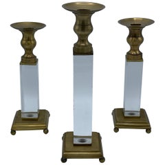 1970s Charles Hollis Jones Style Lucite and Brass Candlesticks, Set of 3