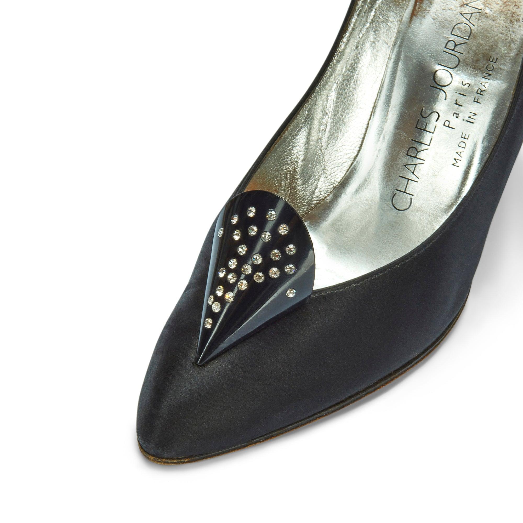 1970s Charles Jourdan for Raine Black Satin Diamante Heel Shoes In Good Condition For Sale In London, GB
