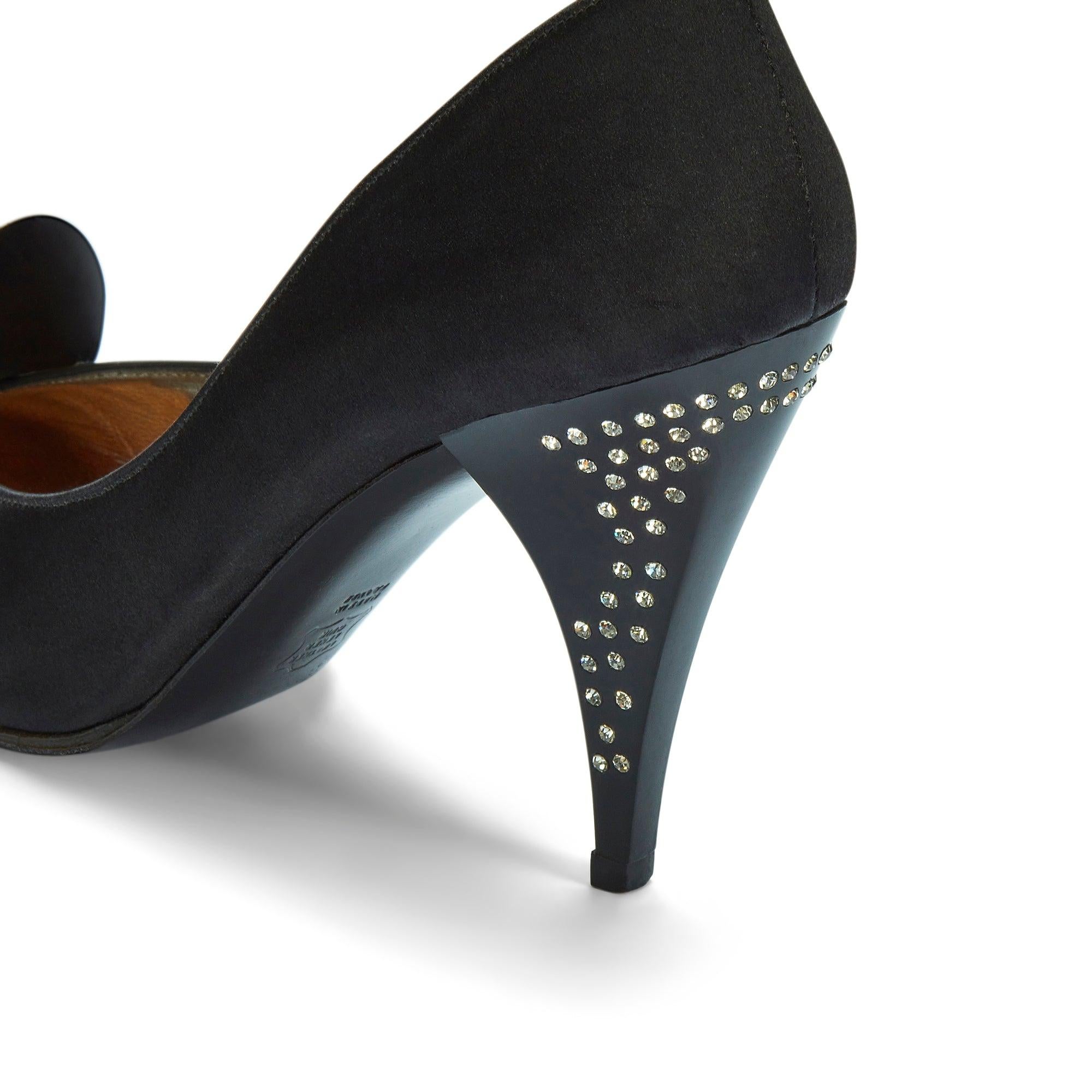 Women's 1970s Charles Jourdan for Raine Black Satin Diamante Heel Shoes For Sale