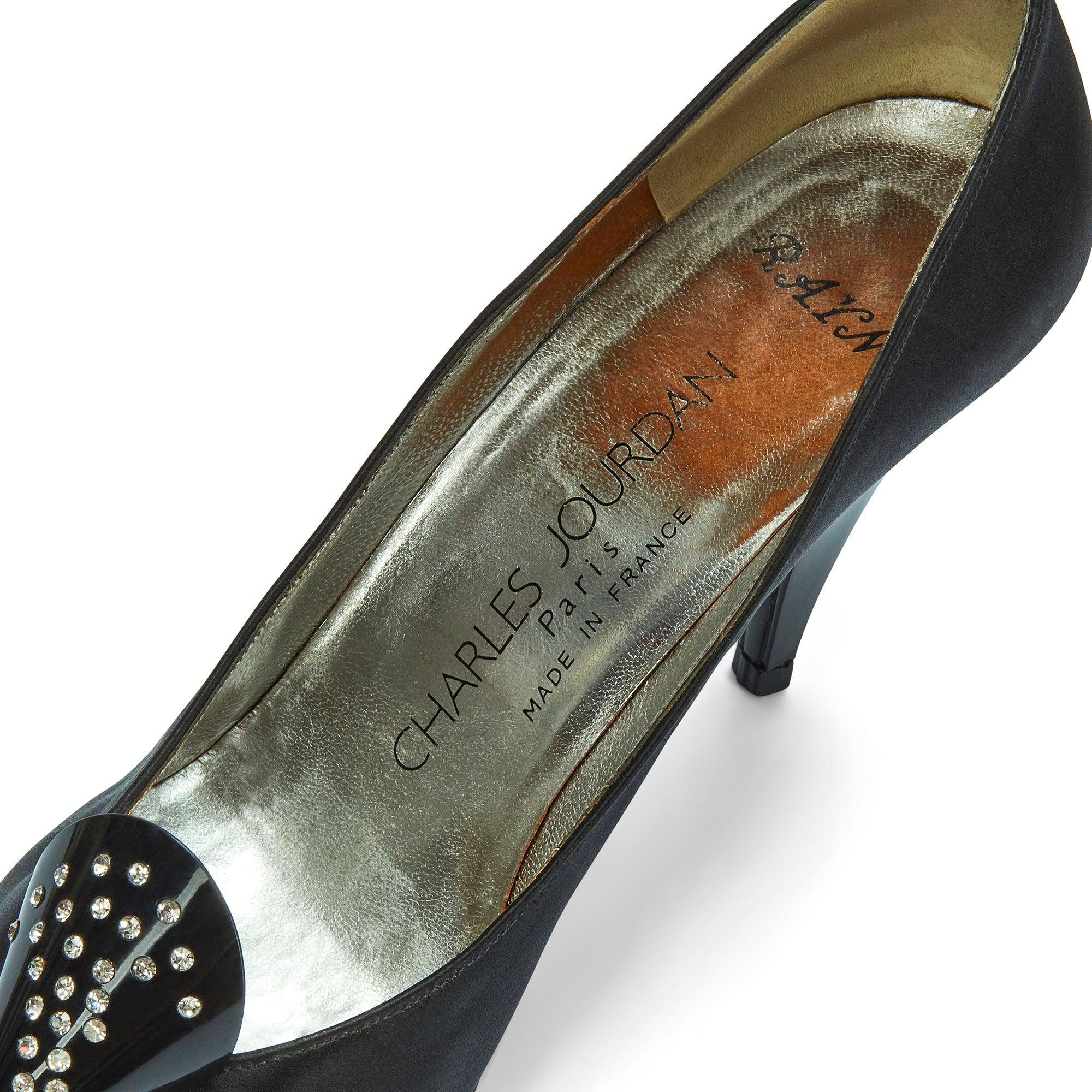 1970s Charles Jourdan for Raine Black Satin Diamante Heel Shoes For Sale 1