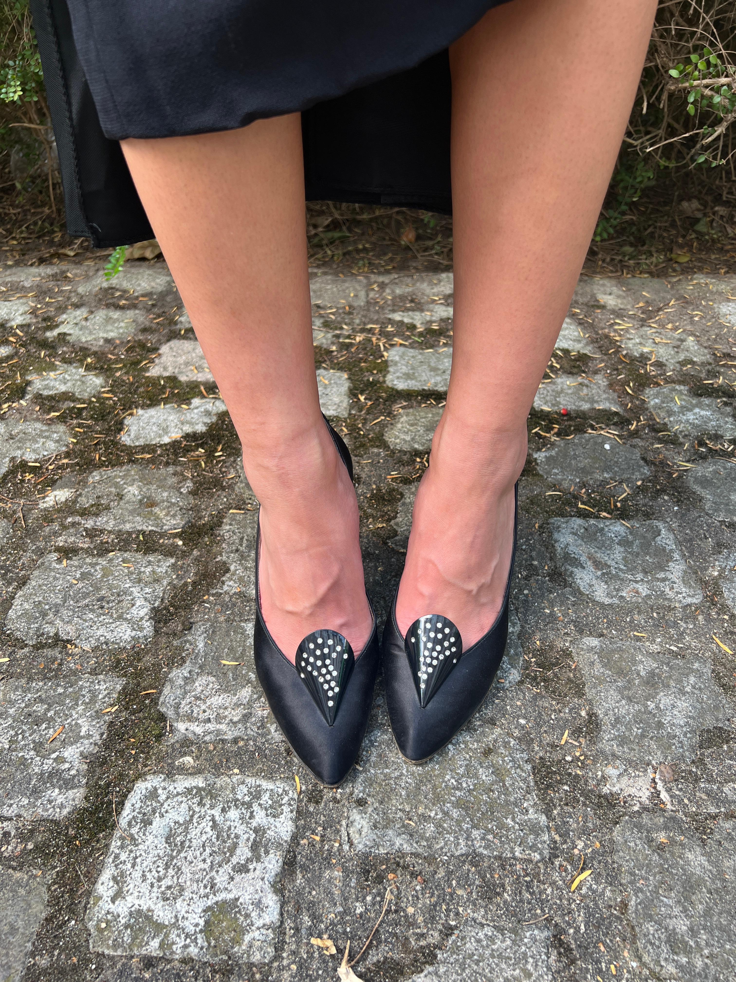 1970s Charles Jourdan for Raine Black Satin Diamante Heel Shoes For Sale 2