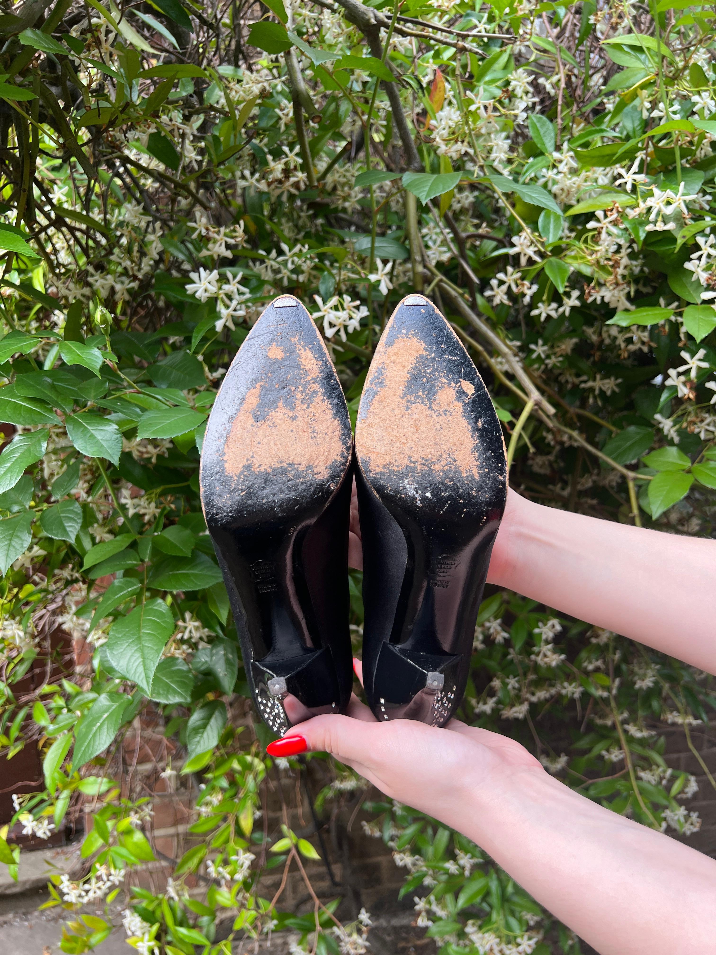 1970s Charles Jourdan for Raine Black Satin Diamante Heel Shoes For Sale 4