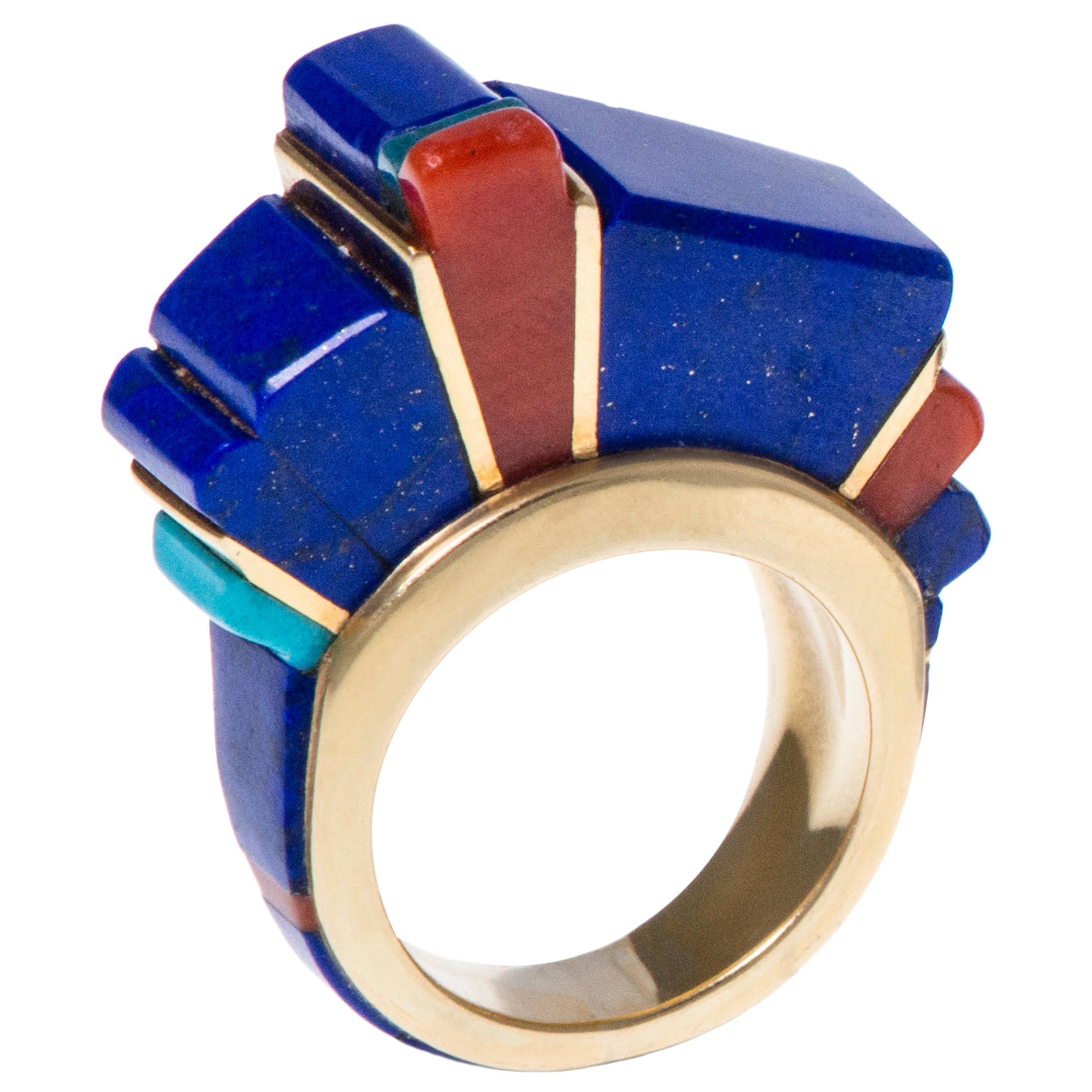 Charles Loloma Vintage Lapis Coral Turquoise Gold Height Inlay Ring c. 1975