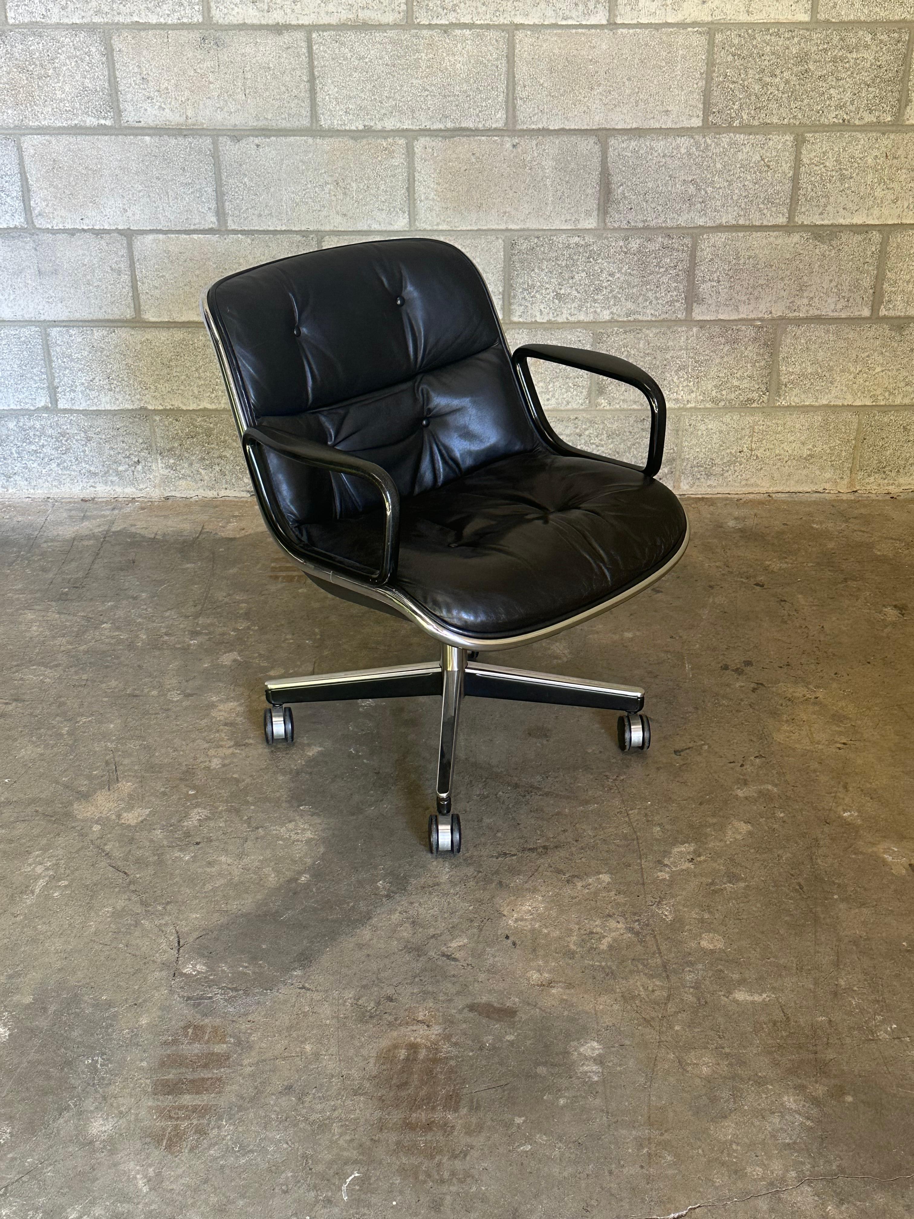 Iconic desk or office chair designed by Charles Pollock for Knoll. Extremely comfortable with soft black leather. Chair sits above a four star base, with chrome and black plastic accents.

Other notable designers and brands from the period include