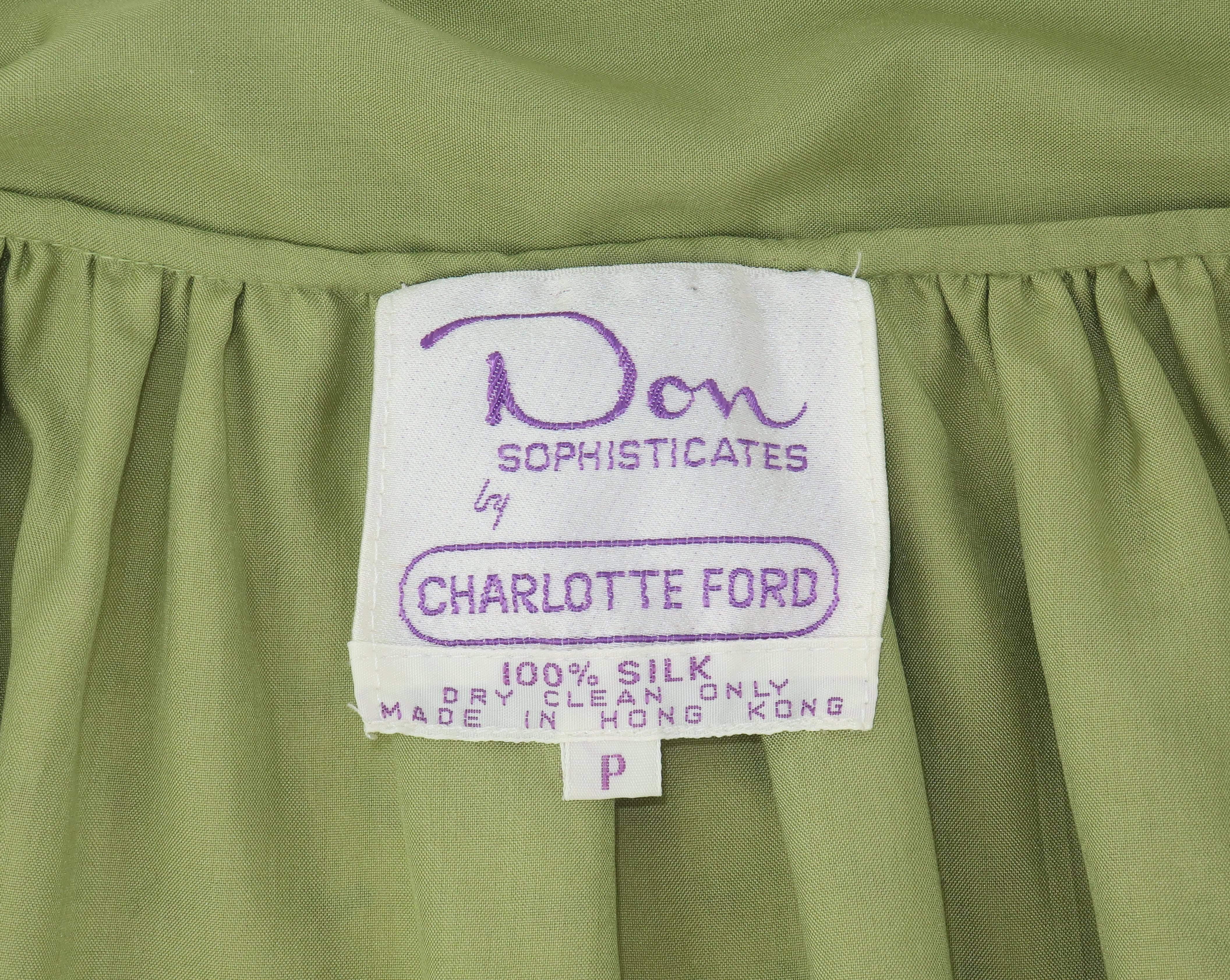 1970's Charlotte Ford Sage Green Silk Wrap Skirt With Print 3
