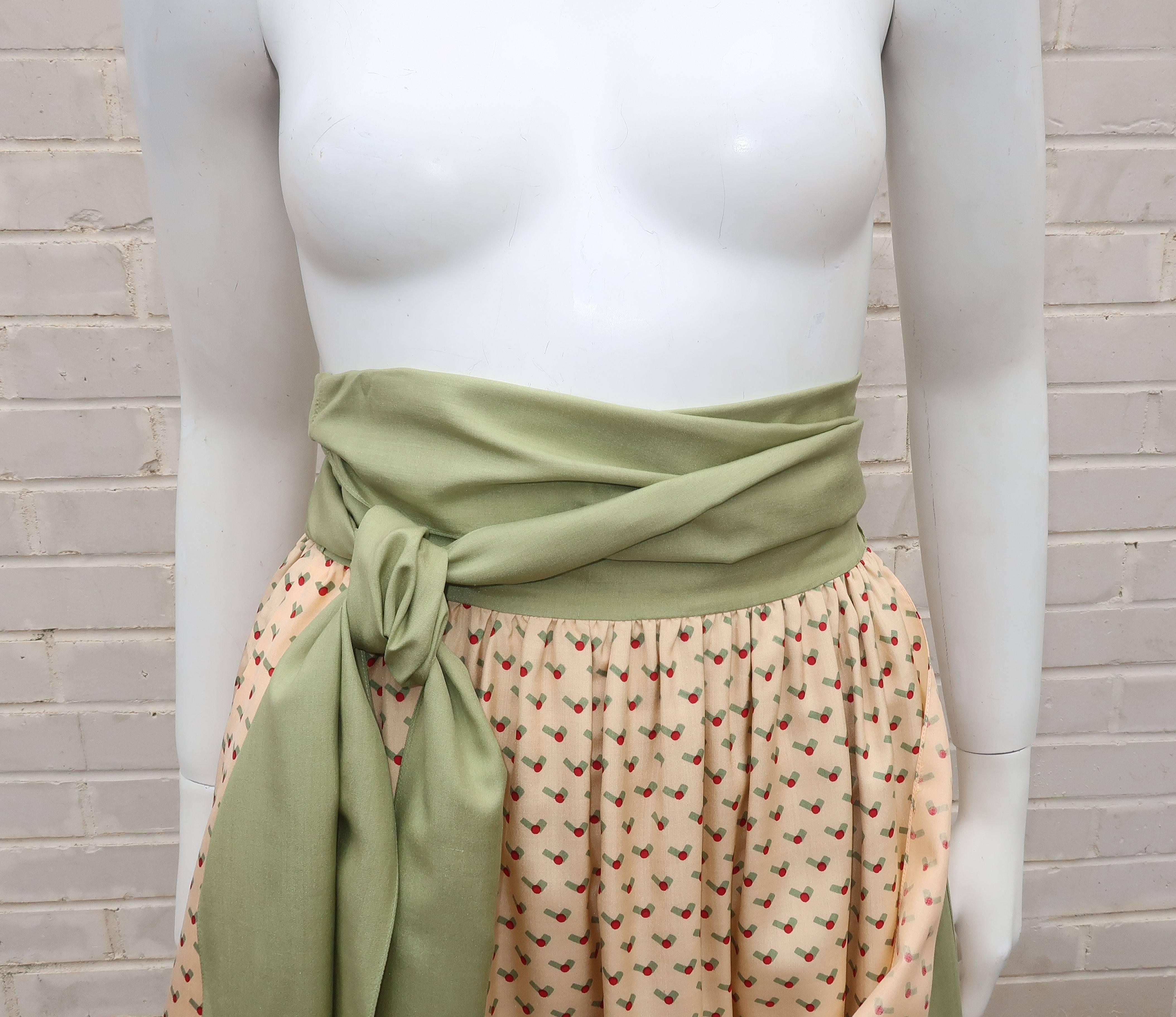 Brown 1970's Charlotte Ford Sage Green Silk Wrap Skirt With Print