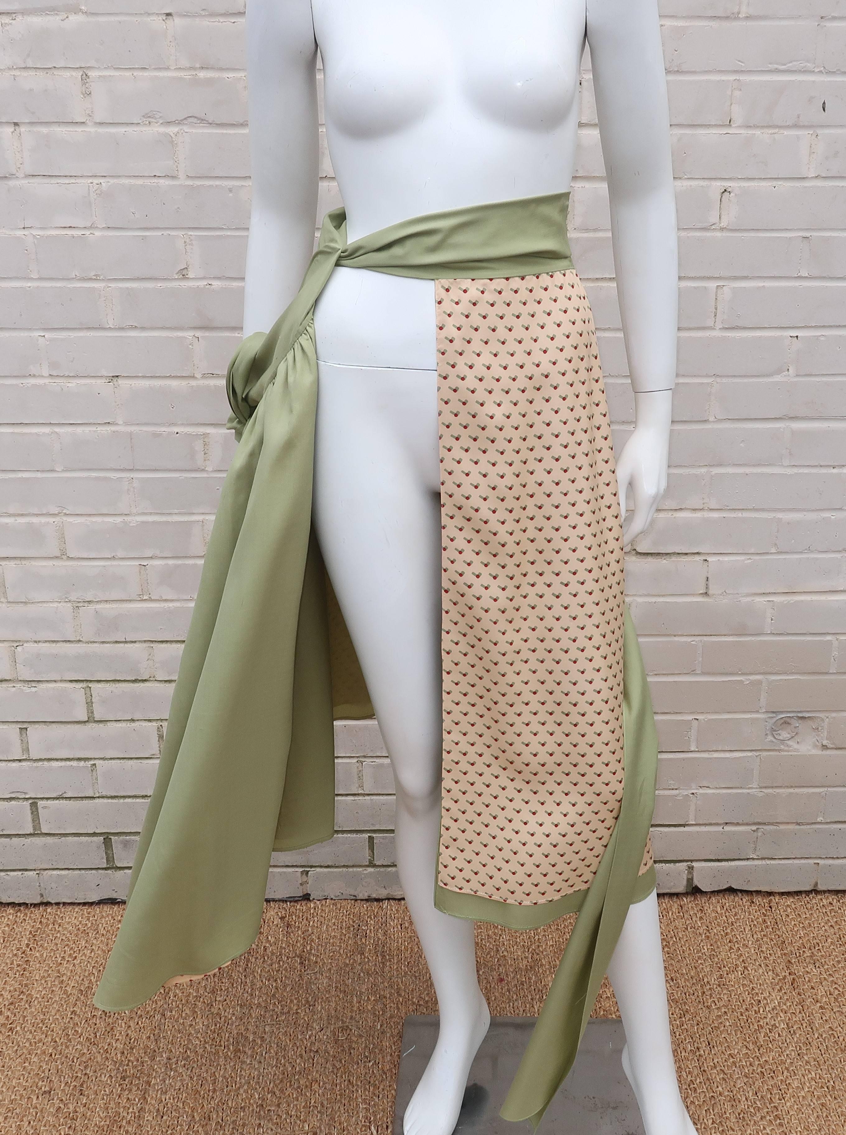 1970's Charlotte Ford Sage Green Silk Wrap Skirt With Print In Excellent Condition In Atlanta, GA